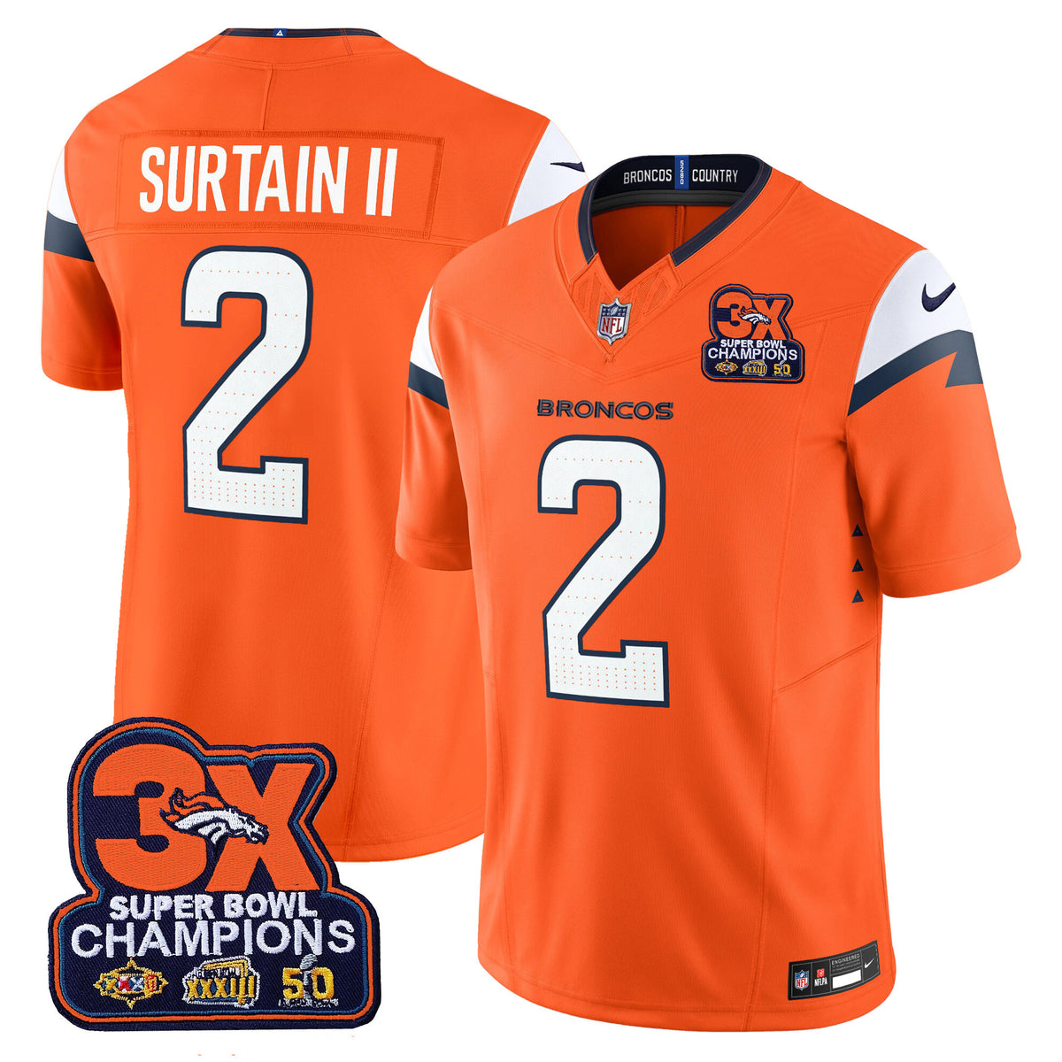 Men's Denver Broncos 3-Time Champions Patch Vapor Limited Jersey - All Stitched