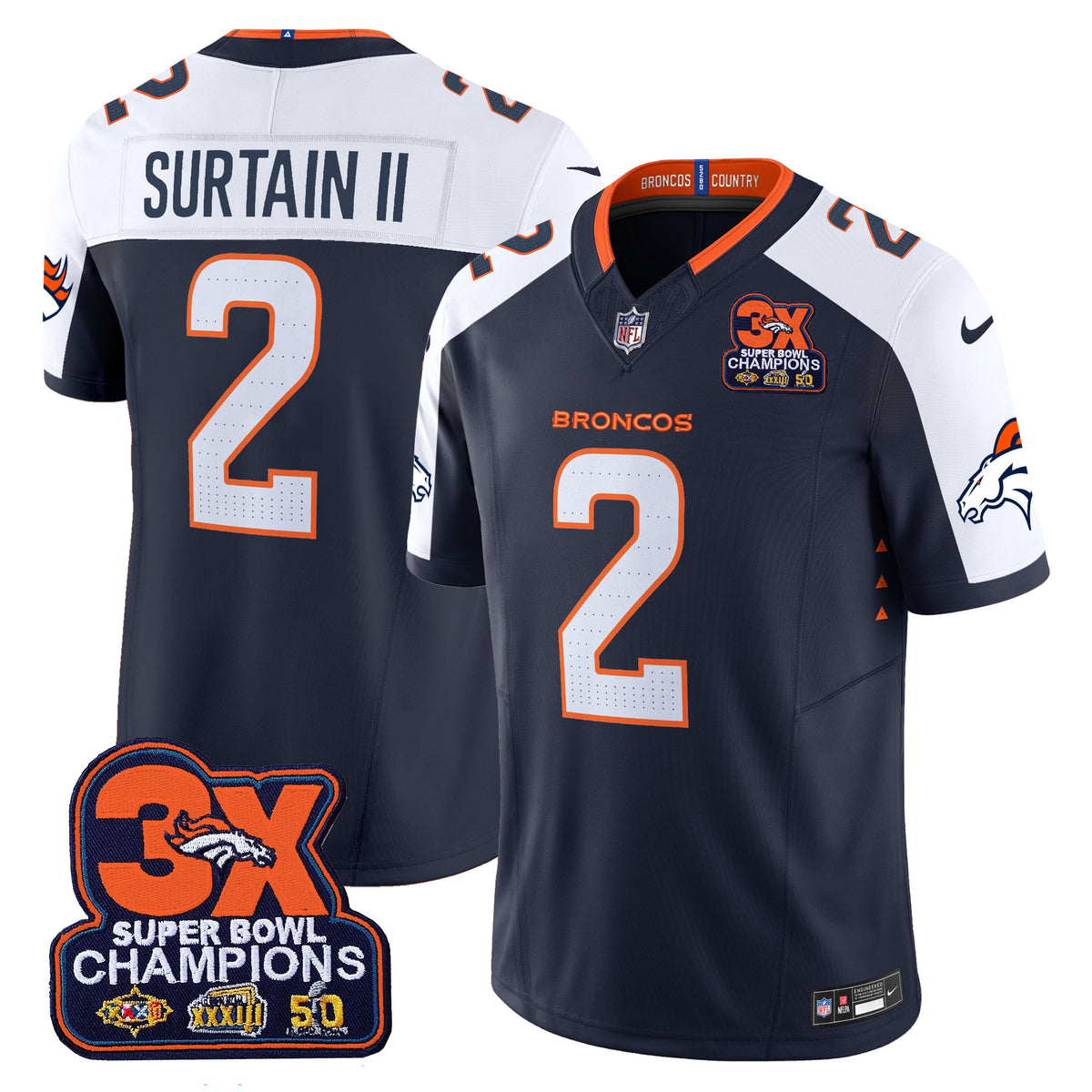 Men's Denver Broncos 3-Time Champions Patch Vapor Limited Jersey - All Stitched
