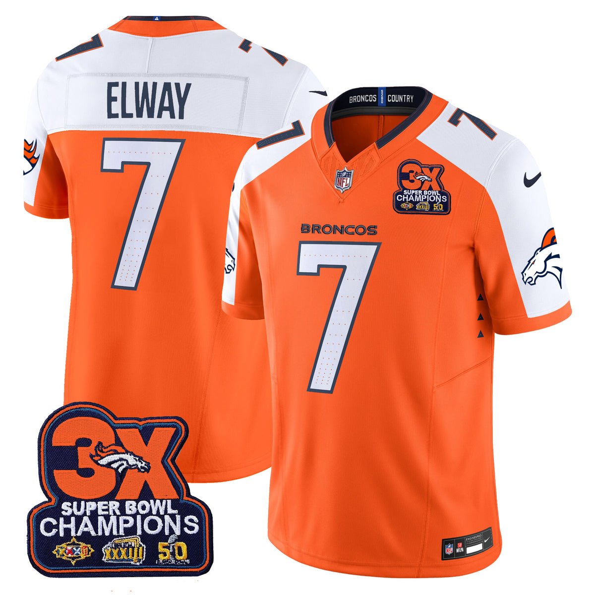 Men's Denver Broncos 3-Time Champions Patch Vapor Limited Jersey - All Stitched