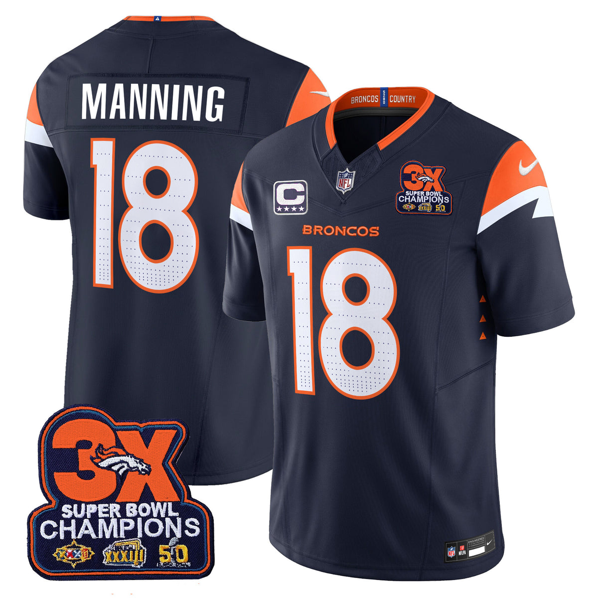 Men's Denver Broncos 3-Time Champions Patch Vapor Limited Jersey - All Stitched