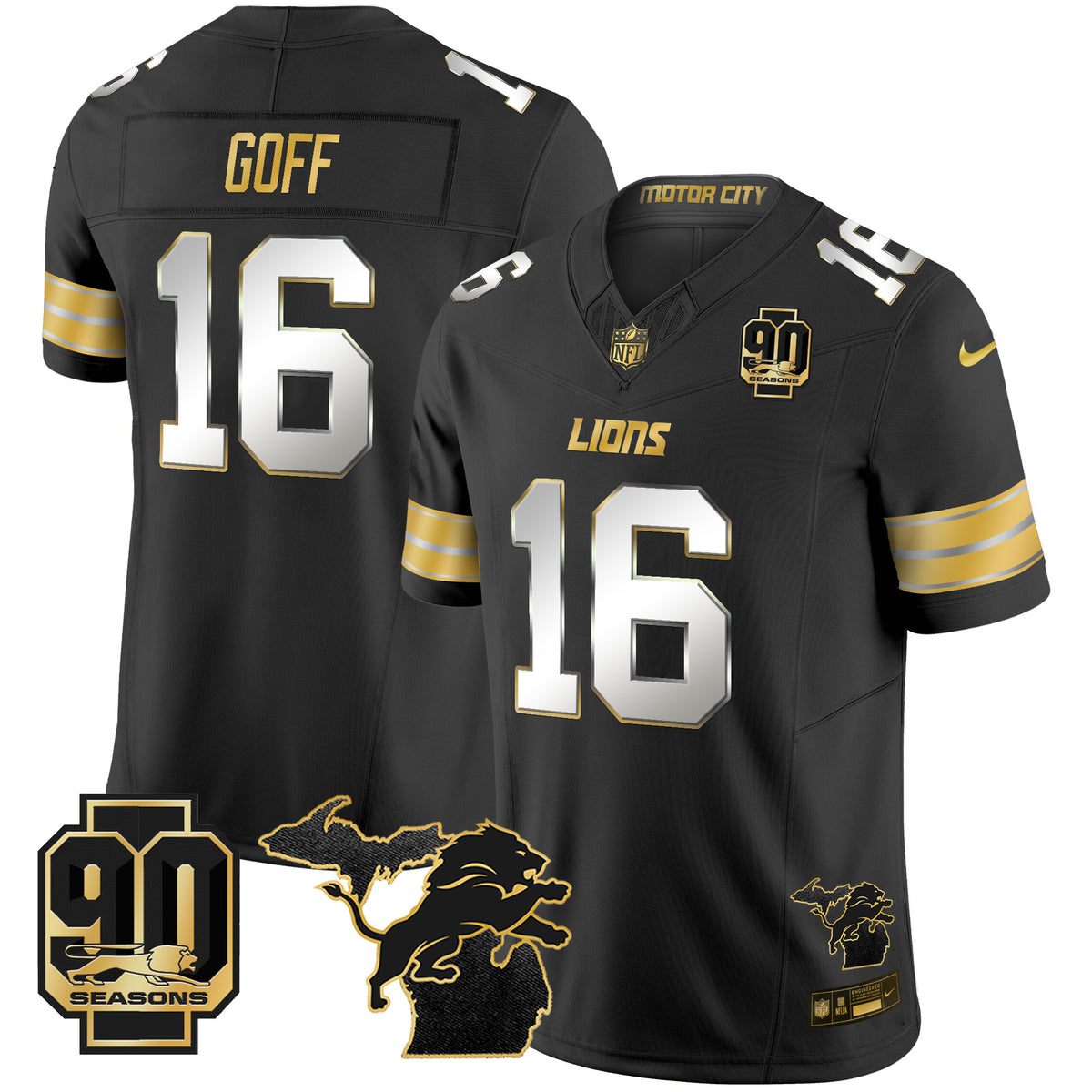 Men's Detroit Lions 2025 Michigan & 90th Season Patch Gold Vapor Limited Jersey - All Stitched