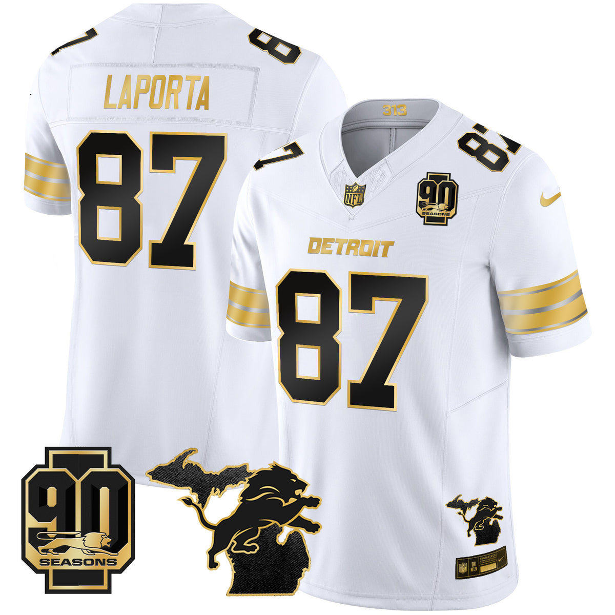Men's Detroit Lions 2025 Michigan & 90th Season Patch Gold Vapor Limited Jersey - All Stitched