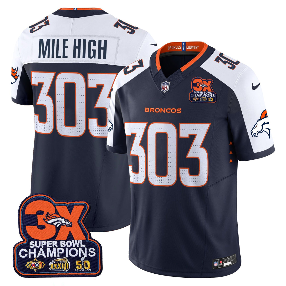 Men's Denver Broncos 3-Time Champions Patch Vapor Limited Jersey - All Stitched