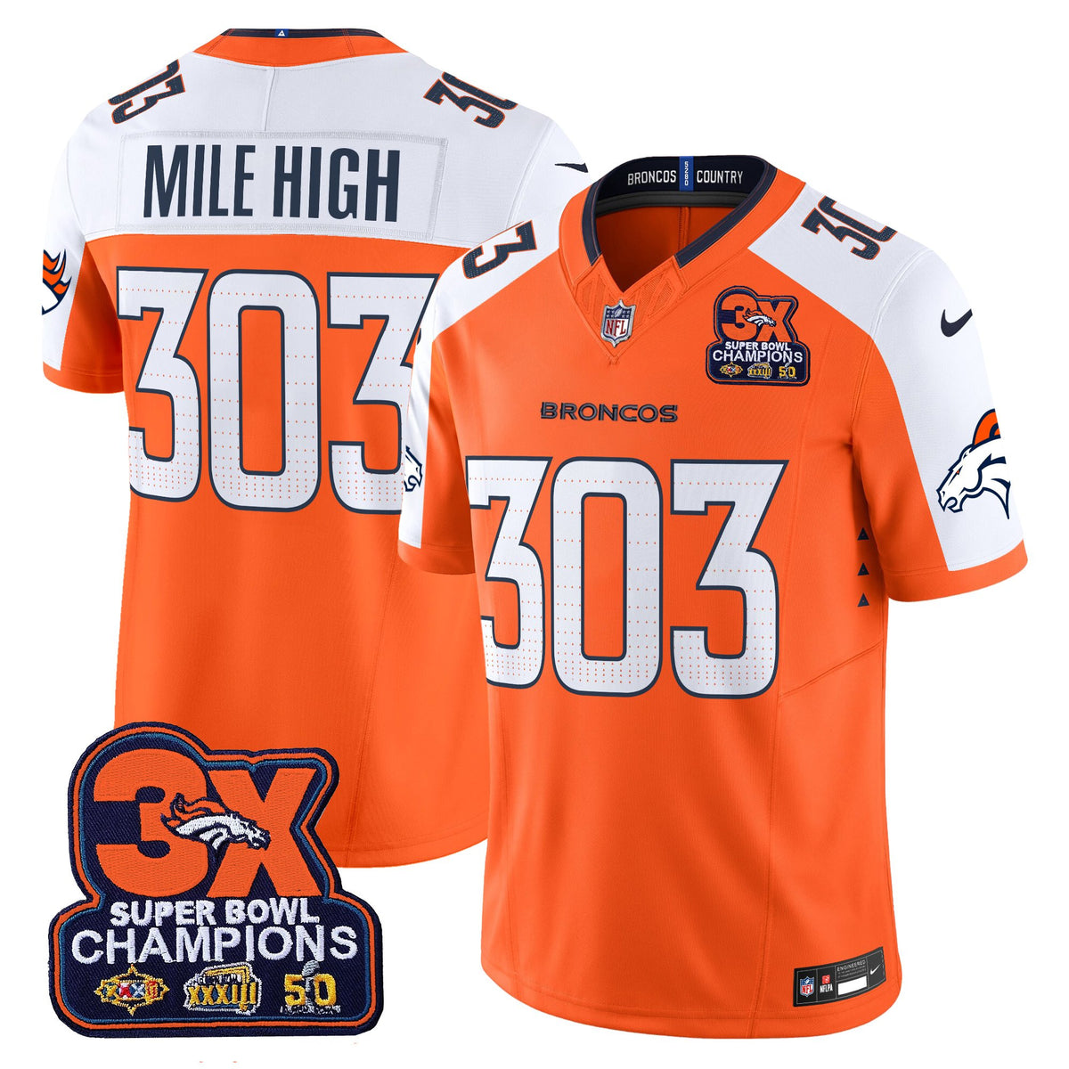 Men's Denver Broncos 3-Time Champions Patch Vapor Limited Jersey - All Stitched