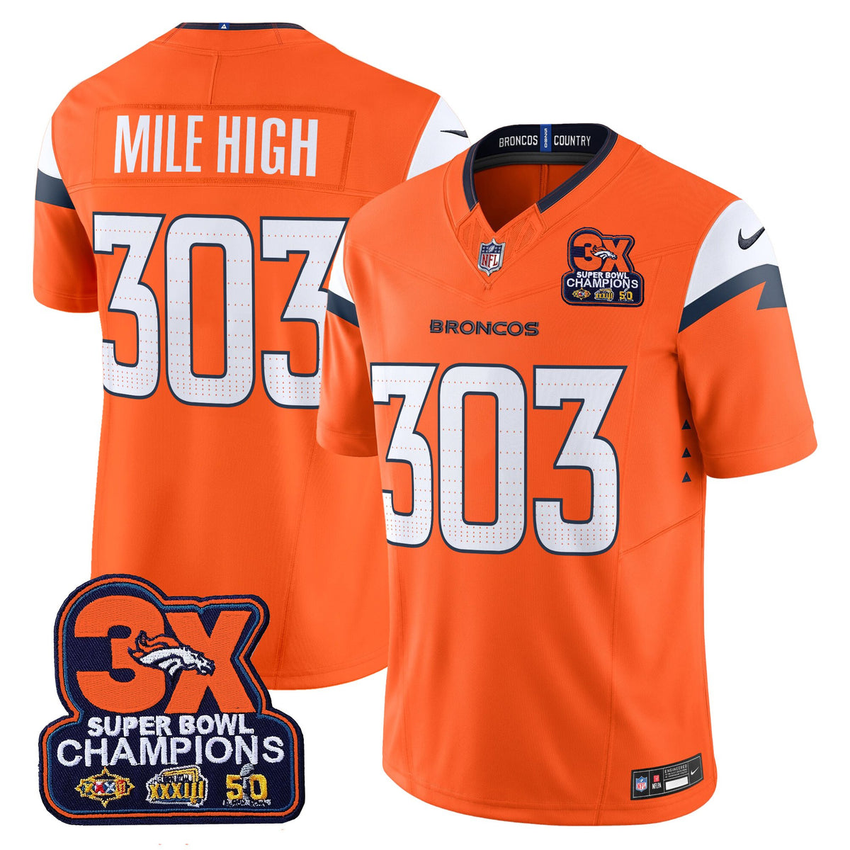 Men's Denver Broncos 3-Time Champions Patch Vapor Limited Jersey - All Stitched
