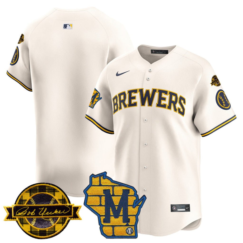 Men's Milwaukee Brewers Home & Bob Uecker Patch Vapor Premier Limited Jersey - All Stitched