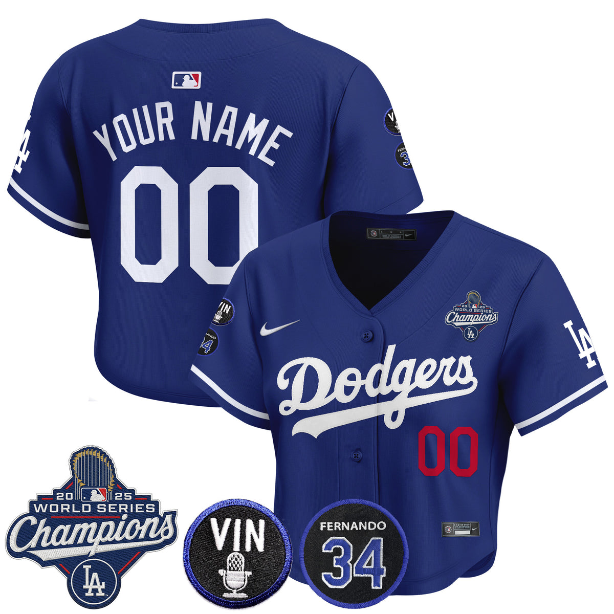 Dodgers 2025 World Series Champions Crop Top Baseball Custom Jersey - Vin Scully & Fernando Patch - All Stitched