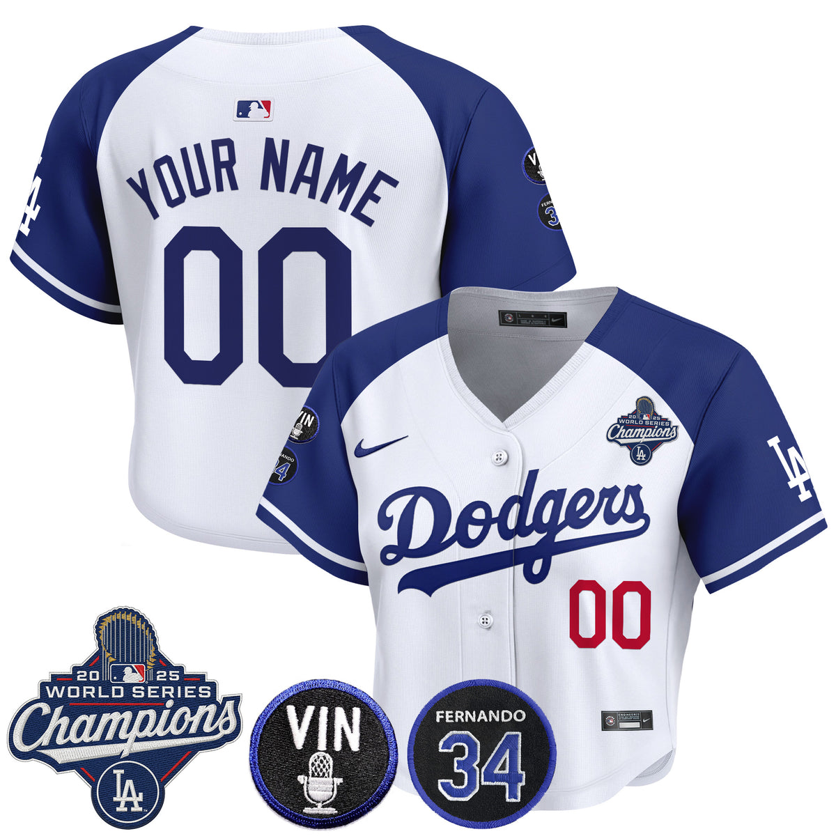 Dodgers 2025 World Series Champions Crop Top Baseball Custom Jersey - Vin Scully & Fernando Patch - All Stitched