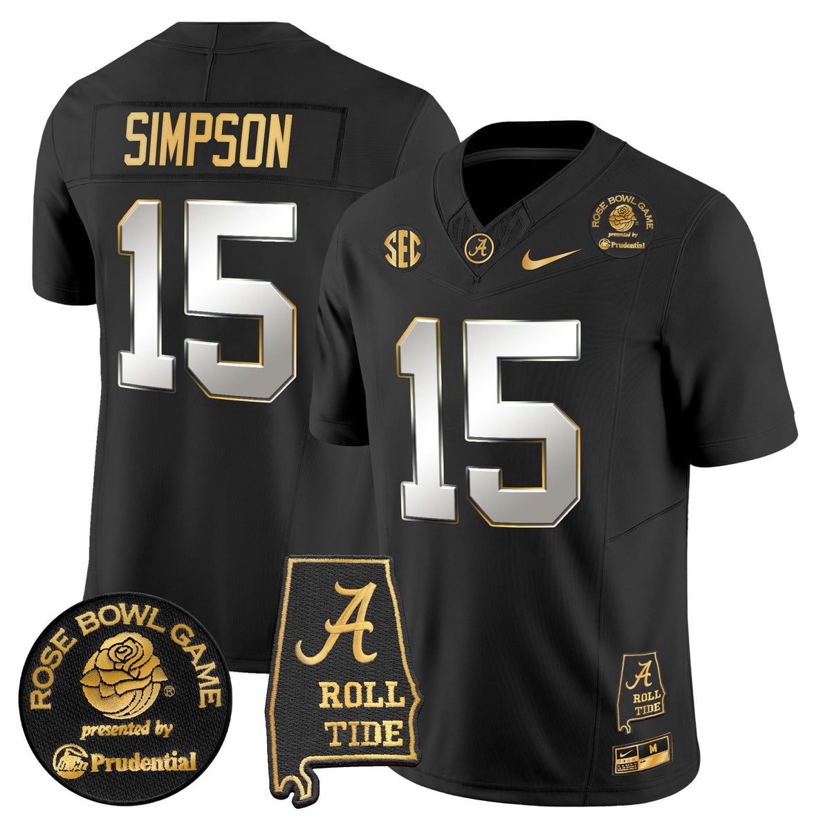 Men's Alabama Crimson Tide 2025 Rose Bowl Gold Vapor Limited Jersey - Alabama Map - All Stitched
