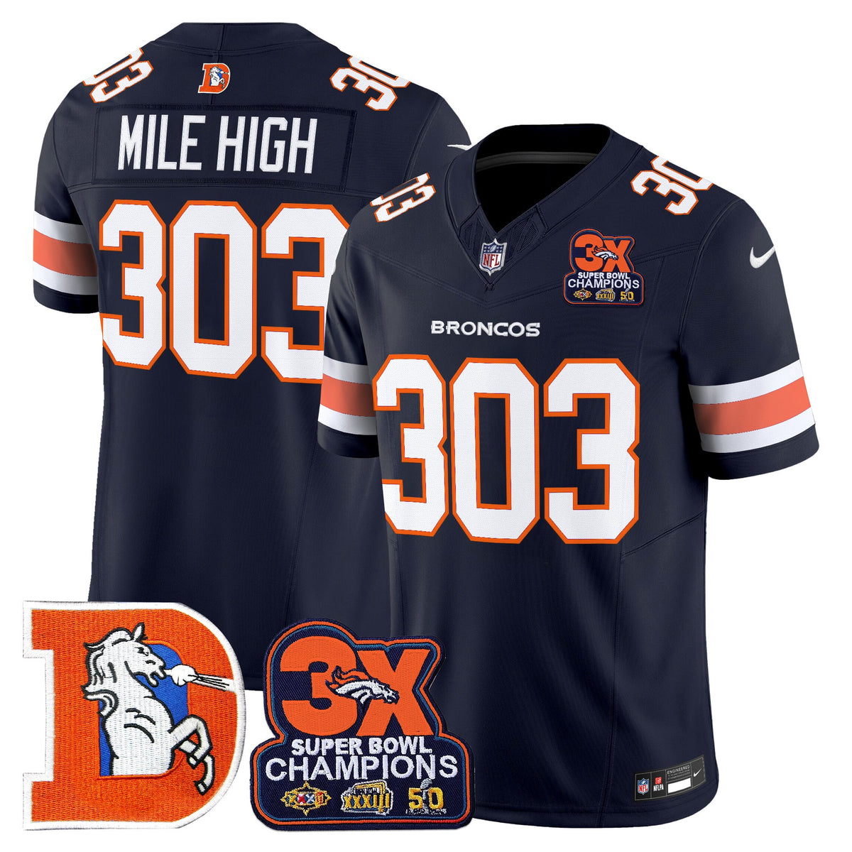 Men's Denver Broncos Throwback Vapor Limited Jersey - 3-Time Champions Patch - All Stitched