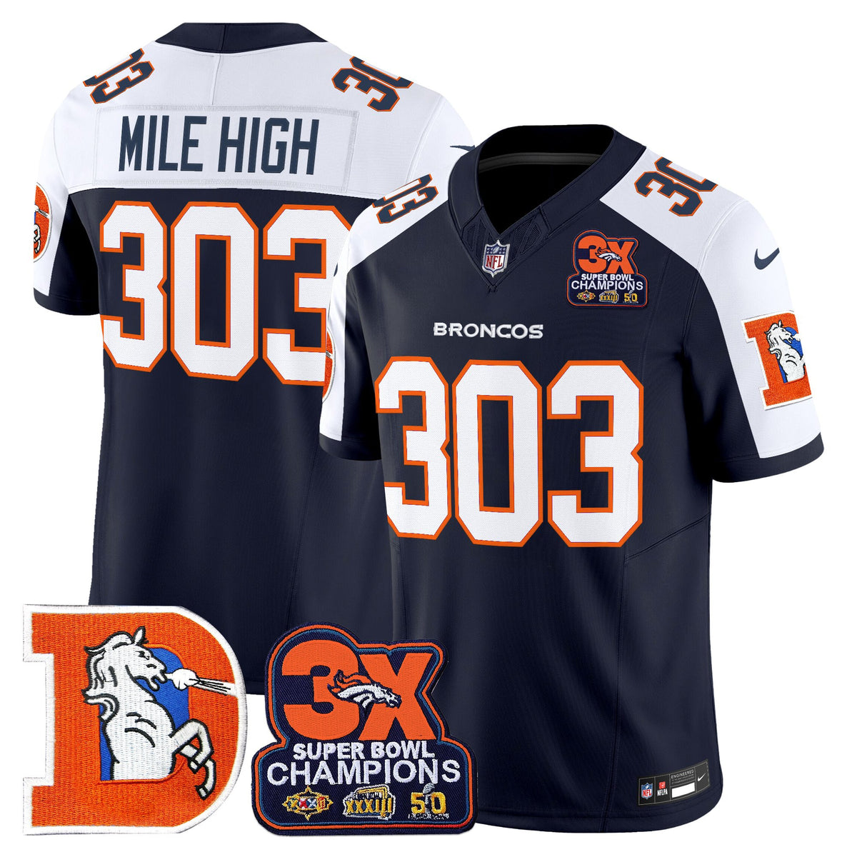 Men's Denver Broncos Throwback Vapor Limited Jersey - 3-Time Champions Patch - All Stitched