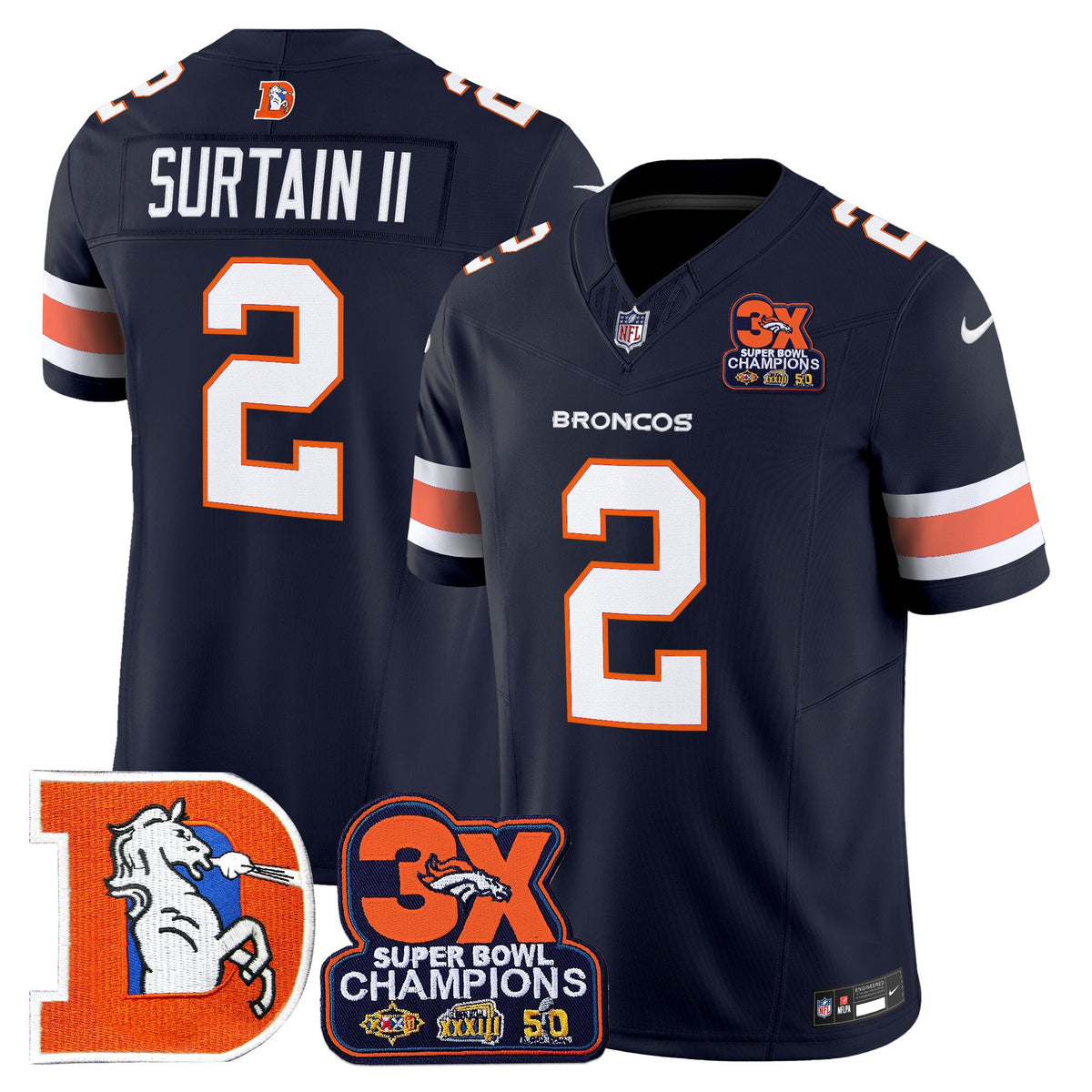 Men's Denver Broncos Throwback Vapor Limited Jersey - 3-Time Champions Patch - All Stitched