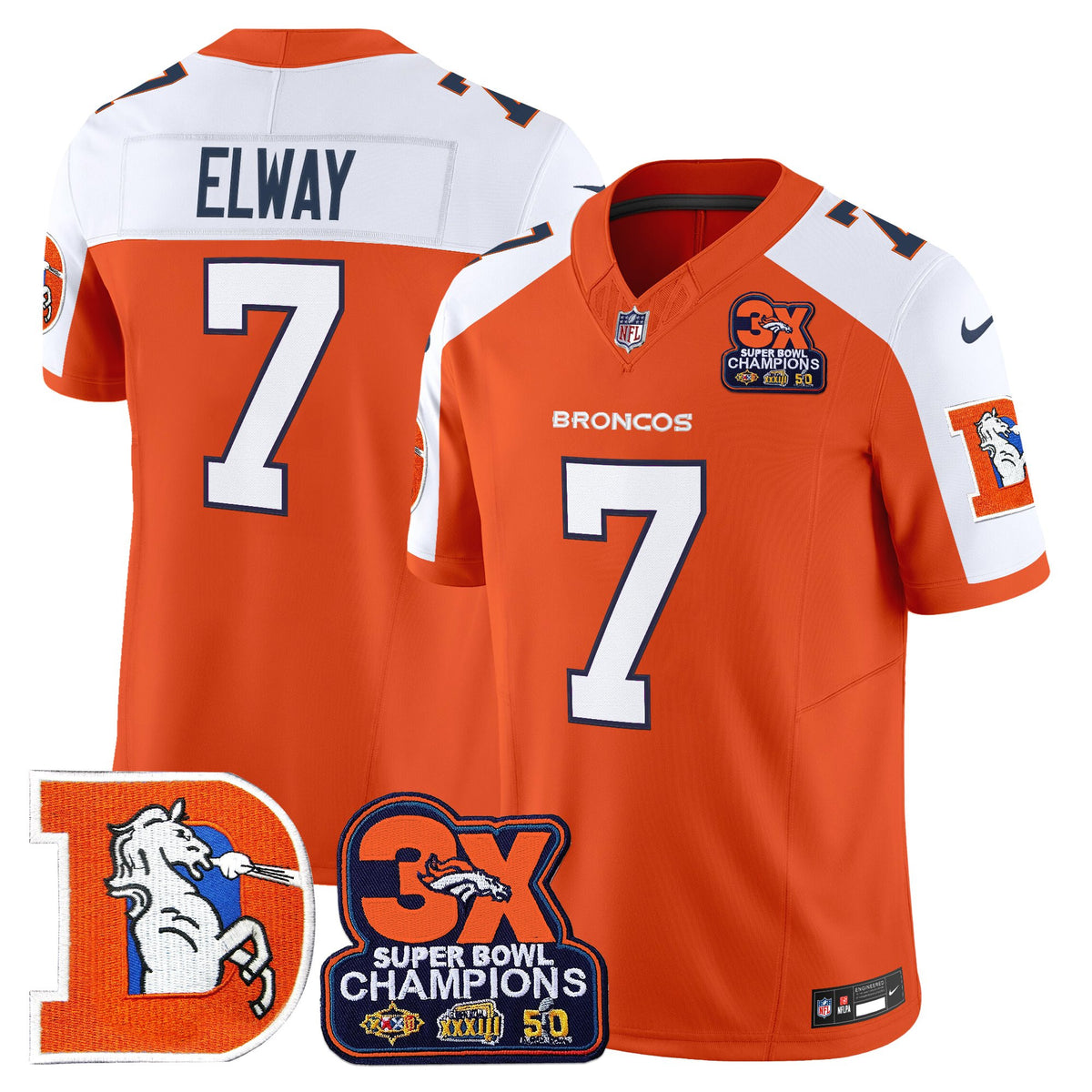 Men's Denver Broncos Throwback Vapor Limited Jersey - 3-Time Champions Patch - All Stitched