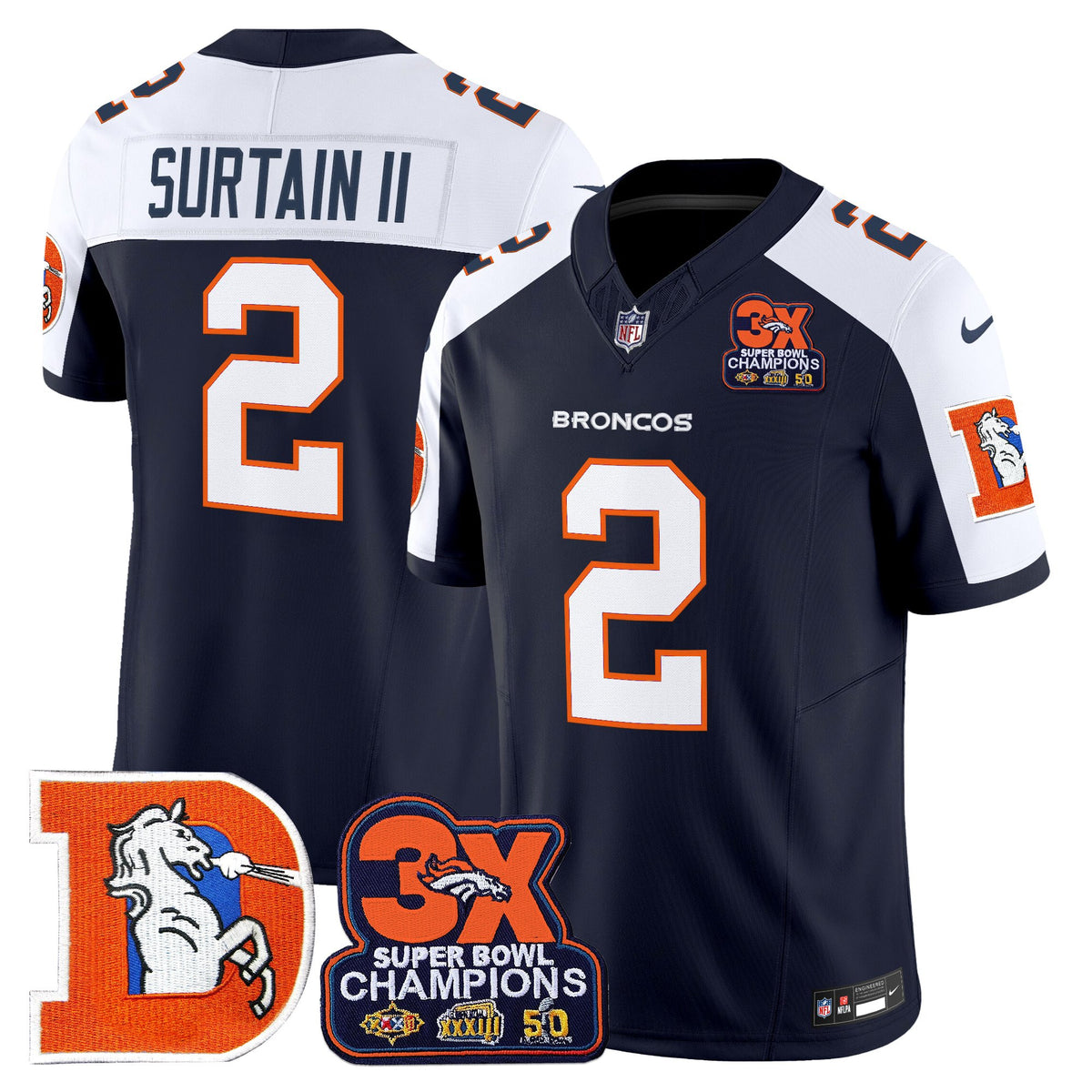 Men's Denver Broncos Throwback Vapor Limited Jersey - 3-Time Champions Patch - All Stitched