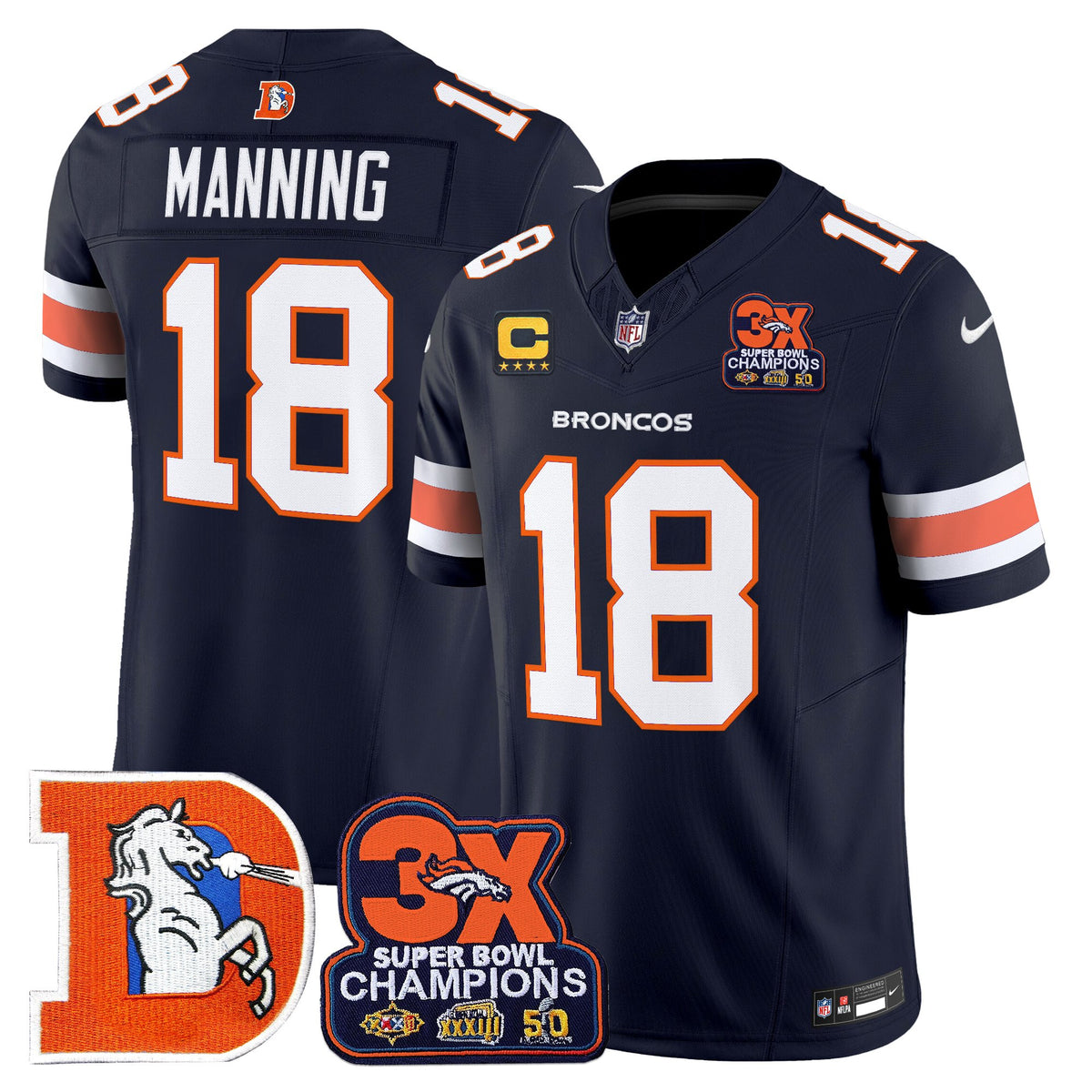 Men's Denver Broncos Throwback Vapor Limited Jersey - 3-Time Champions Patch - All Stitched