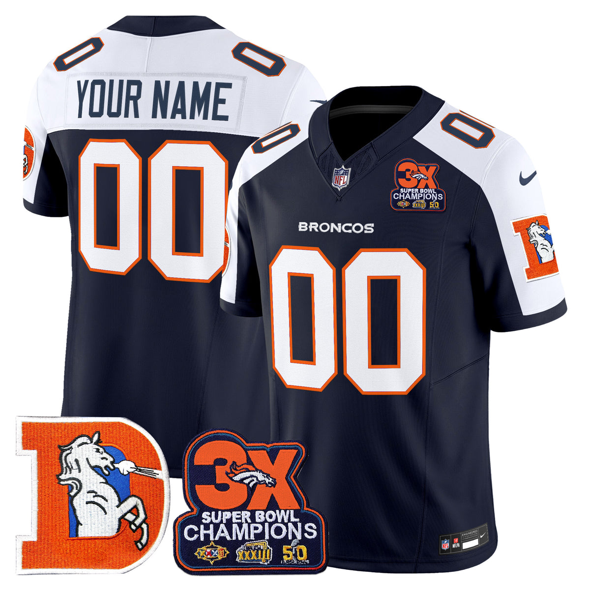 Denver Broncos Throwback Vapor Limited Custom Jersey - 3-Time Champions Patch - All Stitched