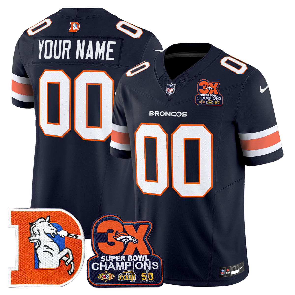 Denver Broncos Throwback Vapor Limited Custom Jersey - 3-Time Champions Patch - All Stitched