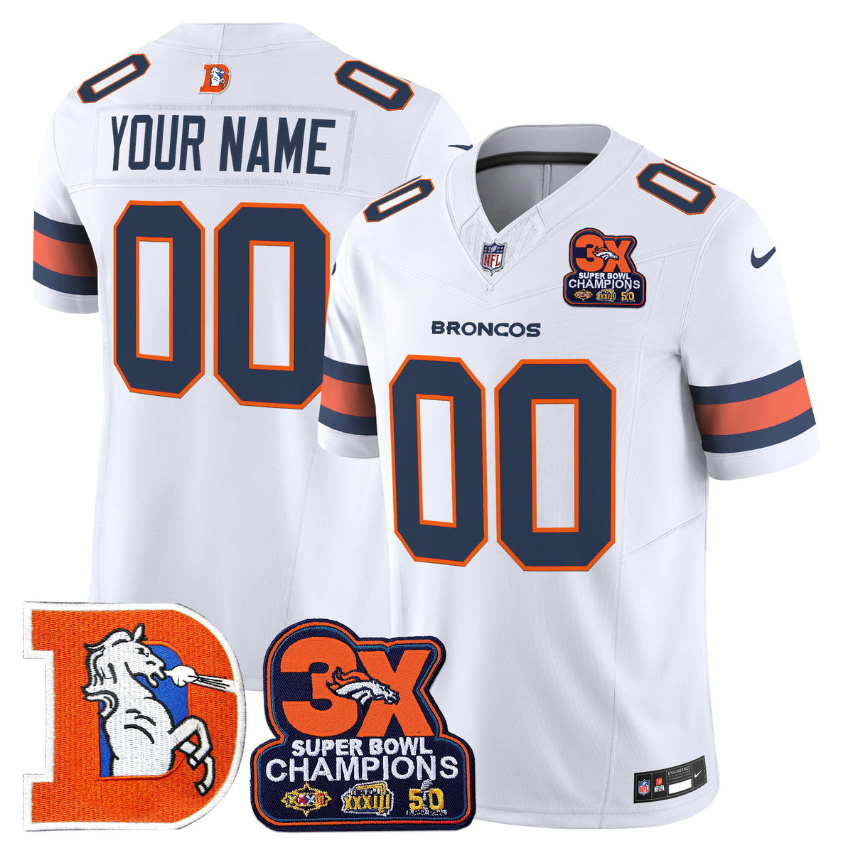 Denver Broncos Throwback Vapor Limited Custom Jersey - 3-Time Champions Patch - All Stitched