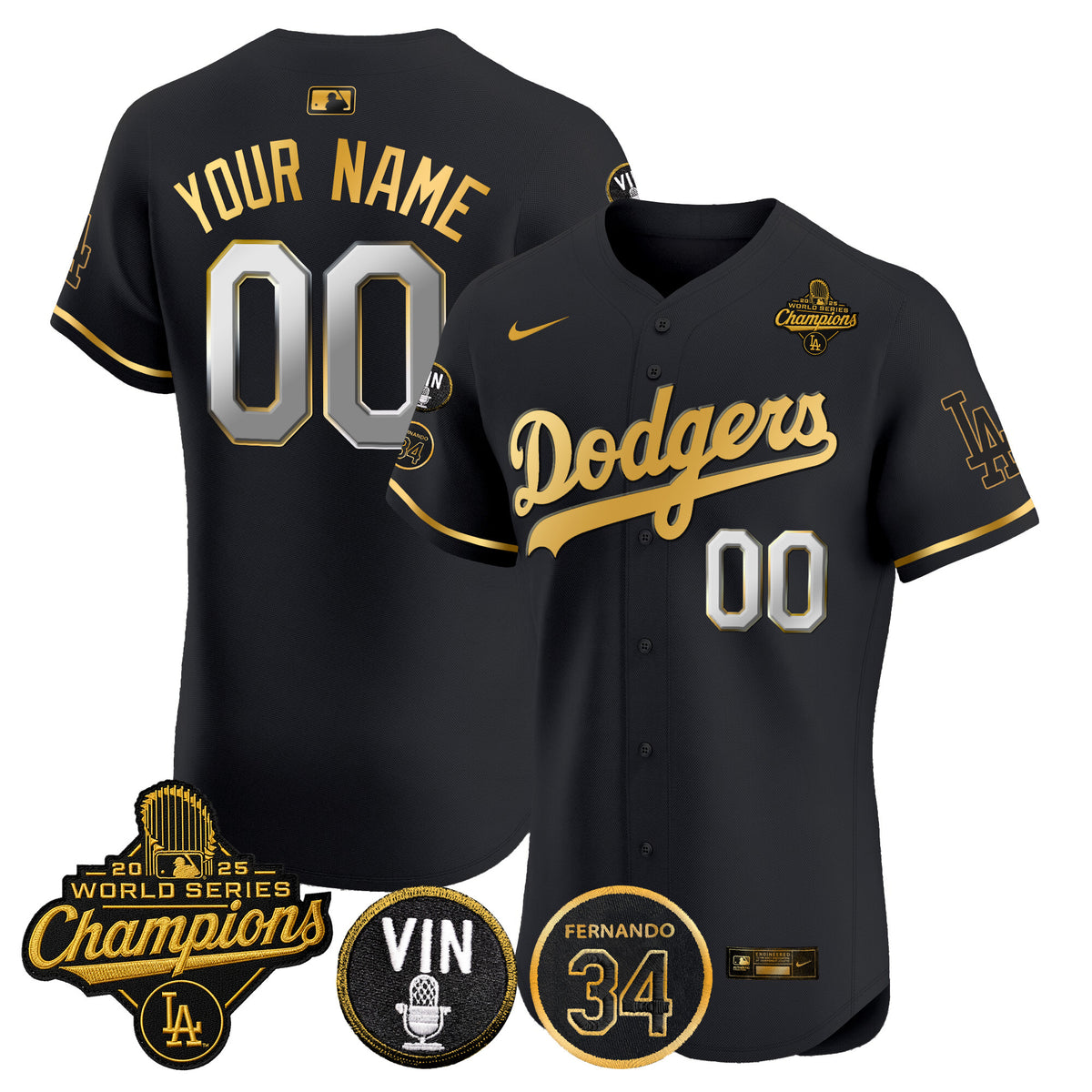 Dodgers 2025 World Series Champions Vapor Premier Elite Custom Jersey - Vin Scully & Fernando Patch - All Stitched