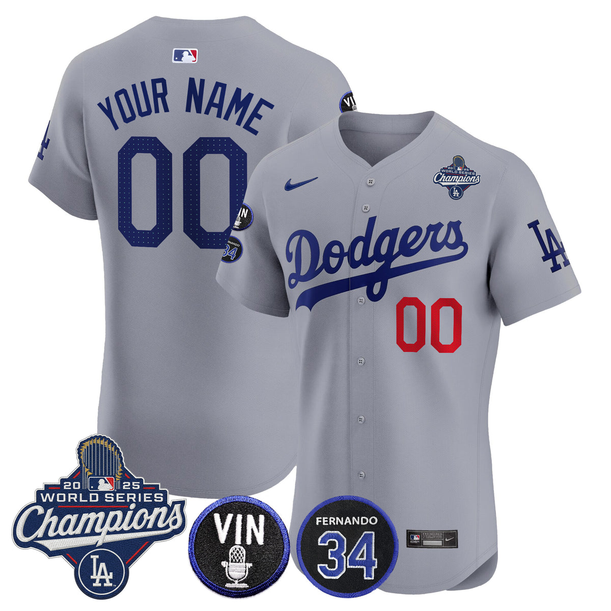 Dodgers 2025 World Series Champions Vapor Premier Elite Custom Jersey - Vin Scully & Fernando Patch - All Stitched