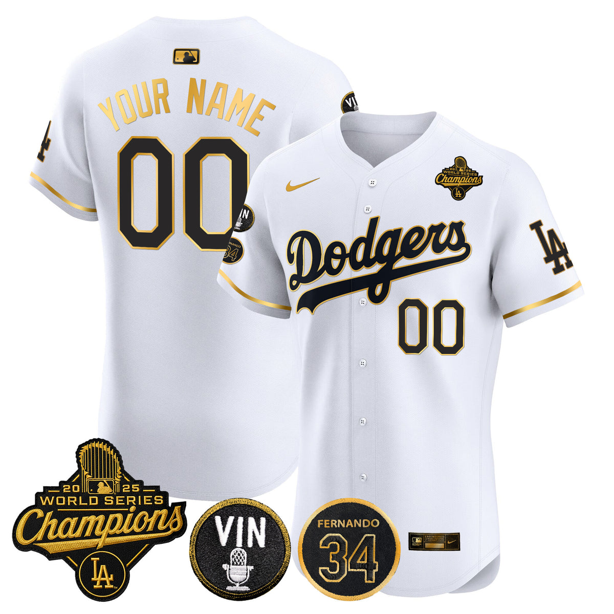 Dodgers 2025 World Series Champions Vapor Premier Elite Custom Jersey - Vin Scully & Fernando Patch - All Stitched