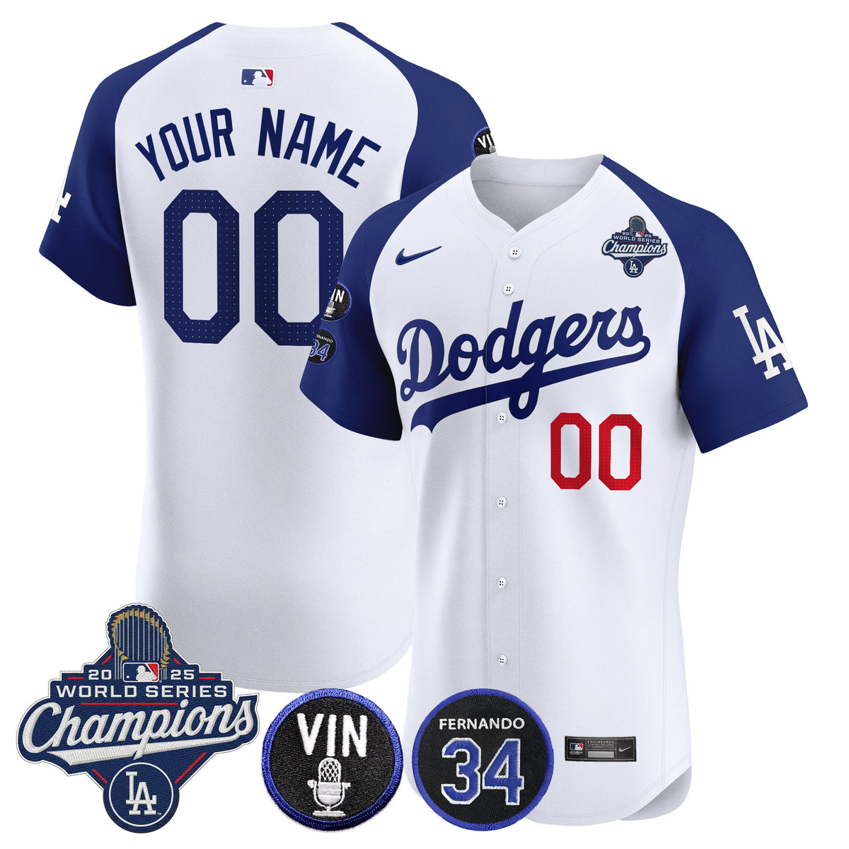 Dodgers 2025 World Series Champions Vapor Premier Elite Custom Jersey - Vin Scully & Fernando Patch - All Stitched