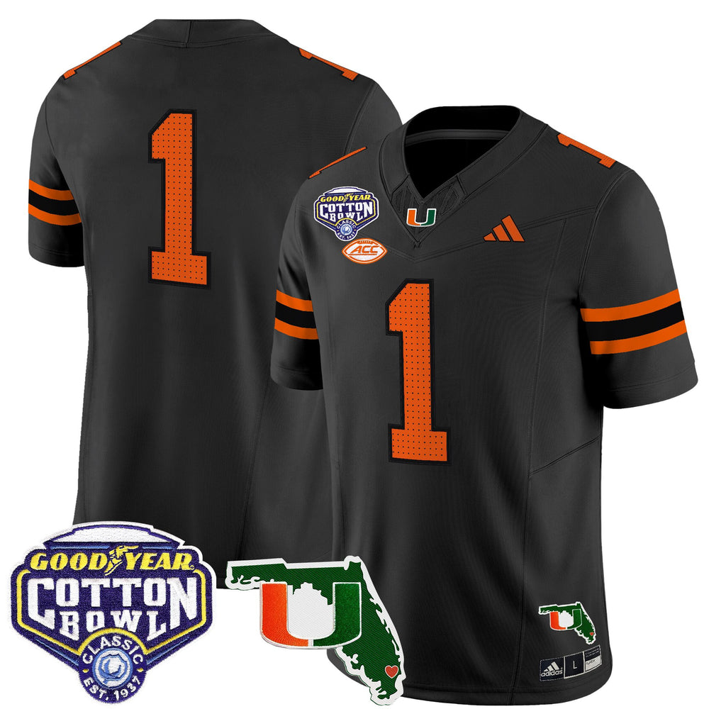 Men's Miami Hurricanes 2025 Cotton Bowl & Florida Patch Vapor Limited Jersey - All Stitched
