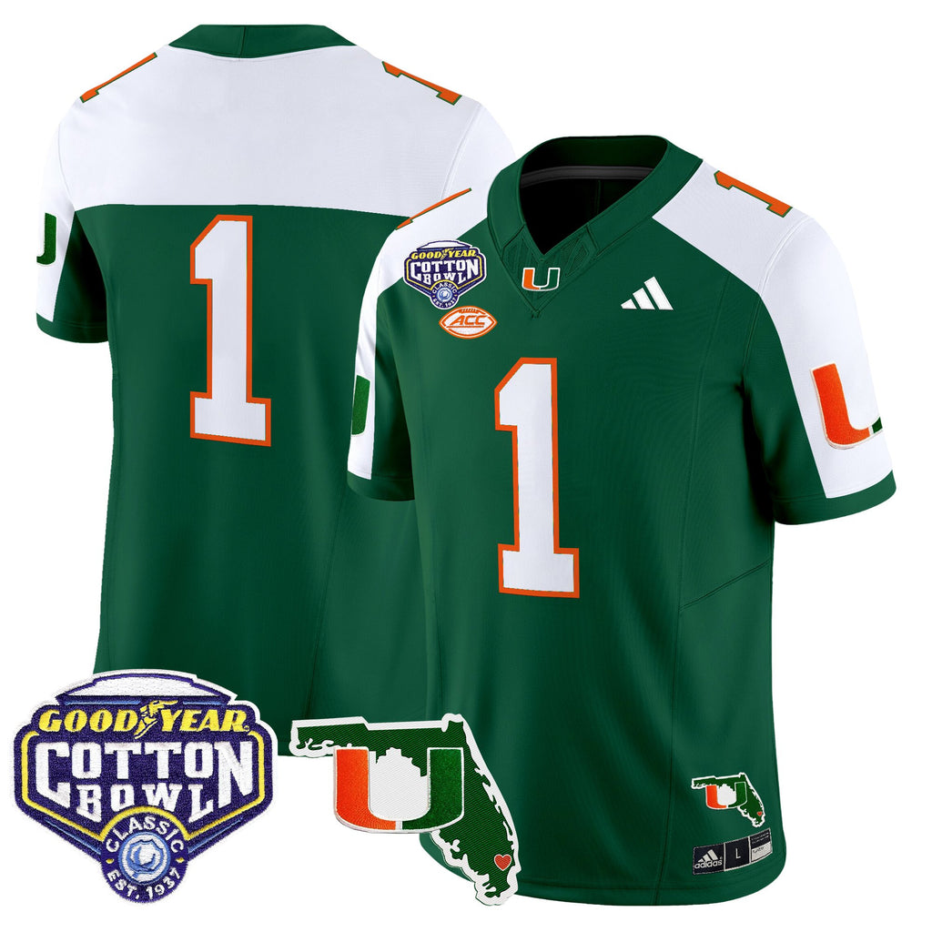 Men's Miami Hurricanes 2025 Cotton Bowl & Florida Patch Vapor Limited Jersey - All Stitched