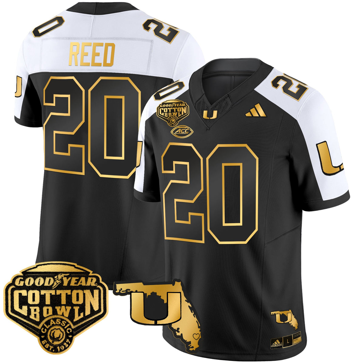 Men's Miami Hurricanes 2025/26 Cotton Bowl & Florida Patch Gold Vapor Limited Jersey - All Stitched