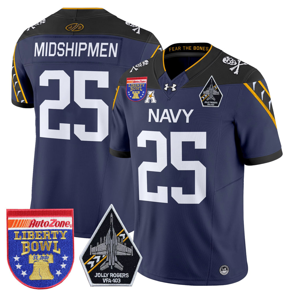 Men's Navy Midshipmen 'Jolly Rogers Edition' Vapor Limited Jersey - 2026 Liberty Bowl Patch - All Stitched