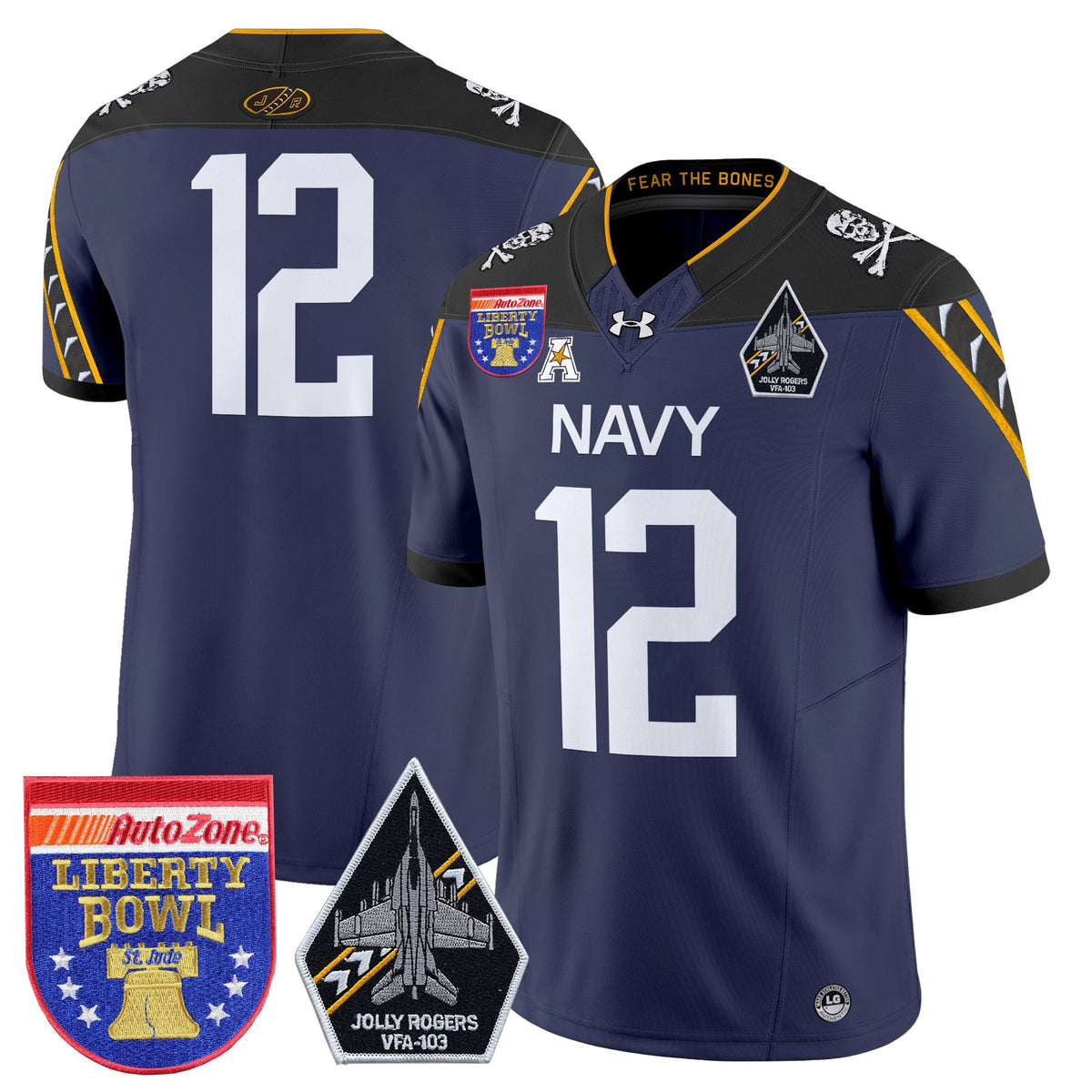 Men's Navy Midshipmen 'Jolly Rogers Edition' Vapor Limited Jersey - 2026 Liberty Bowl Patch - All Stitched
