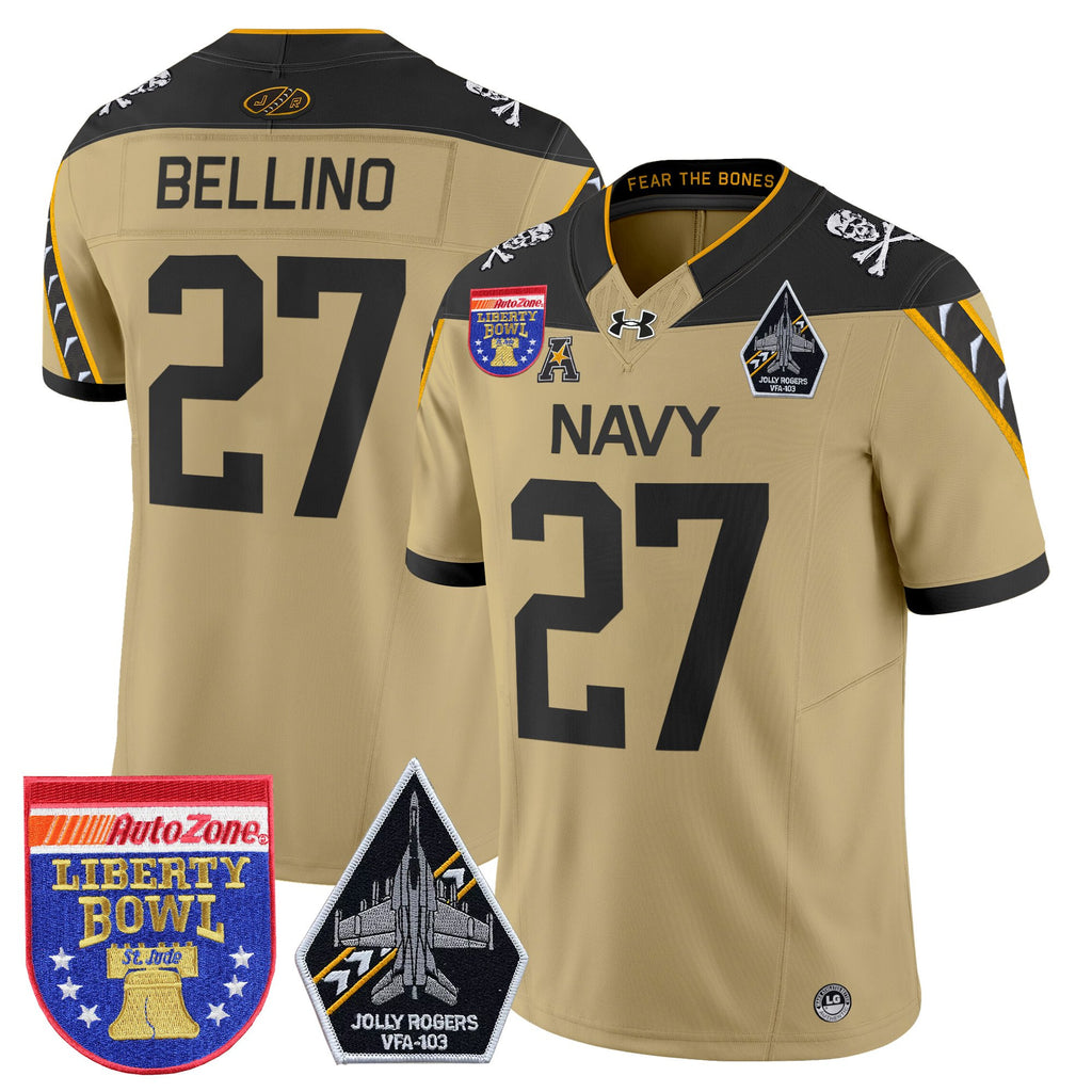 Men's Navy Midshipmen 'Jolly Rogers Edition' Vapor Limited Jersey - 2026 Liberty Bowl Patch - All Stitched