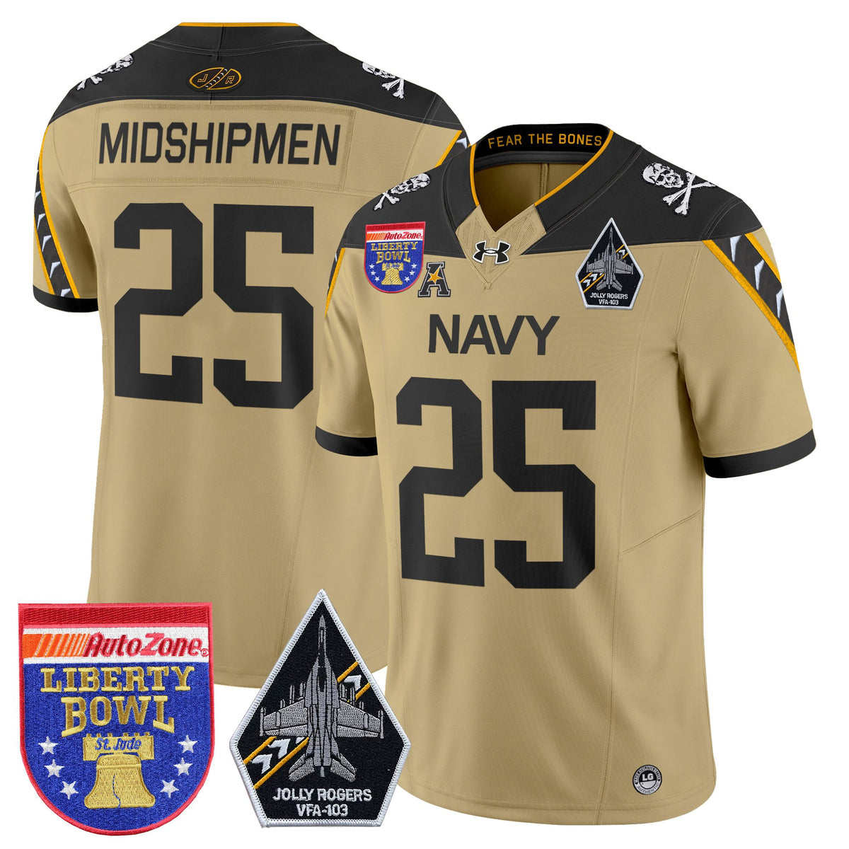 Men's Navy Midshipmen 'Jolly Rogers Edition' Vapor Limited Jersey - 2026 Liberty Bowl Patch - All Stitched