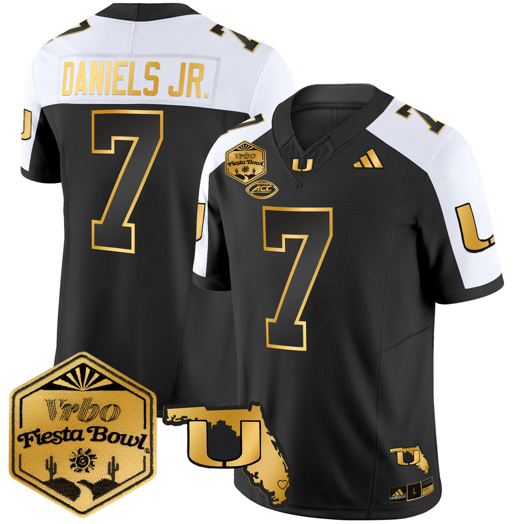 Men's Miami Hurricanes 2026 The Fiesta Bowl & Florida Patch Gold Vapor Limited Jersey - All Stitched