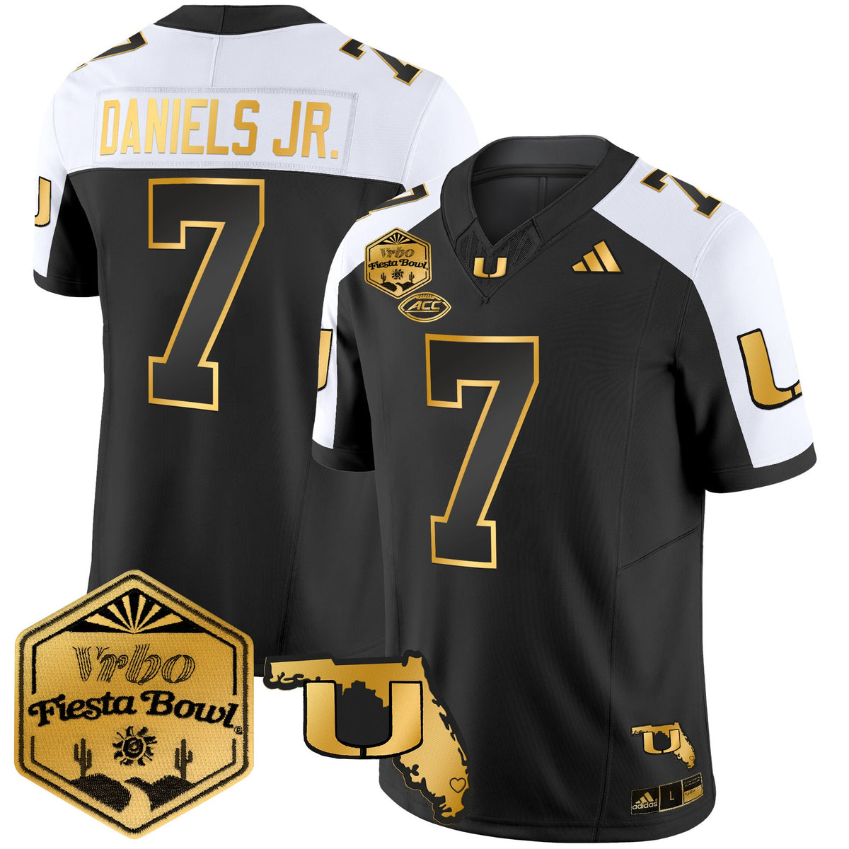 Men's Miami Hurricanes 2026 The Fiesta Bowl & Florida Patch Gold Vapor Limited Jersey - All Stitched