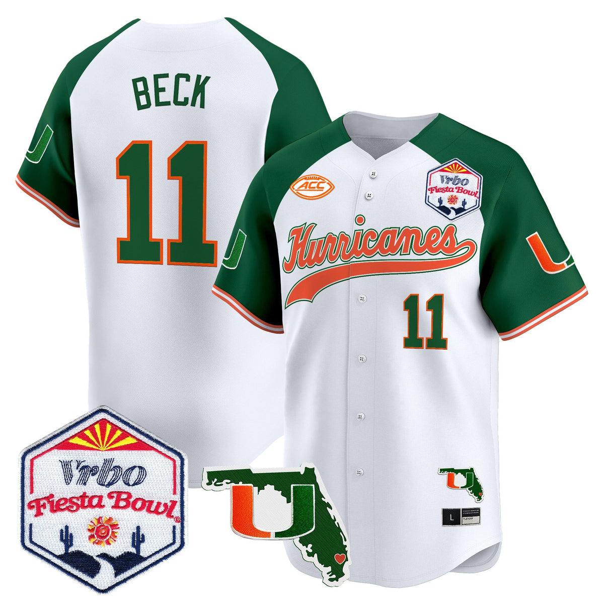 Men's Miami Hurricanes 2026 The Fiesta Bowl & Florida Patch Vapor Baseball Jersey - All Stitched