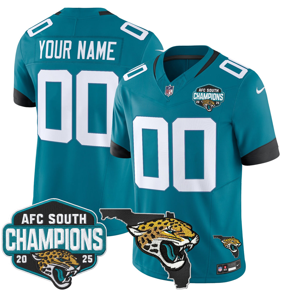 Jacksonville Jaguars 2025 AFC South Division Champions & Florida Patch Vapor Custom Jersey - All Stitched