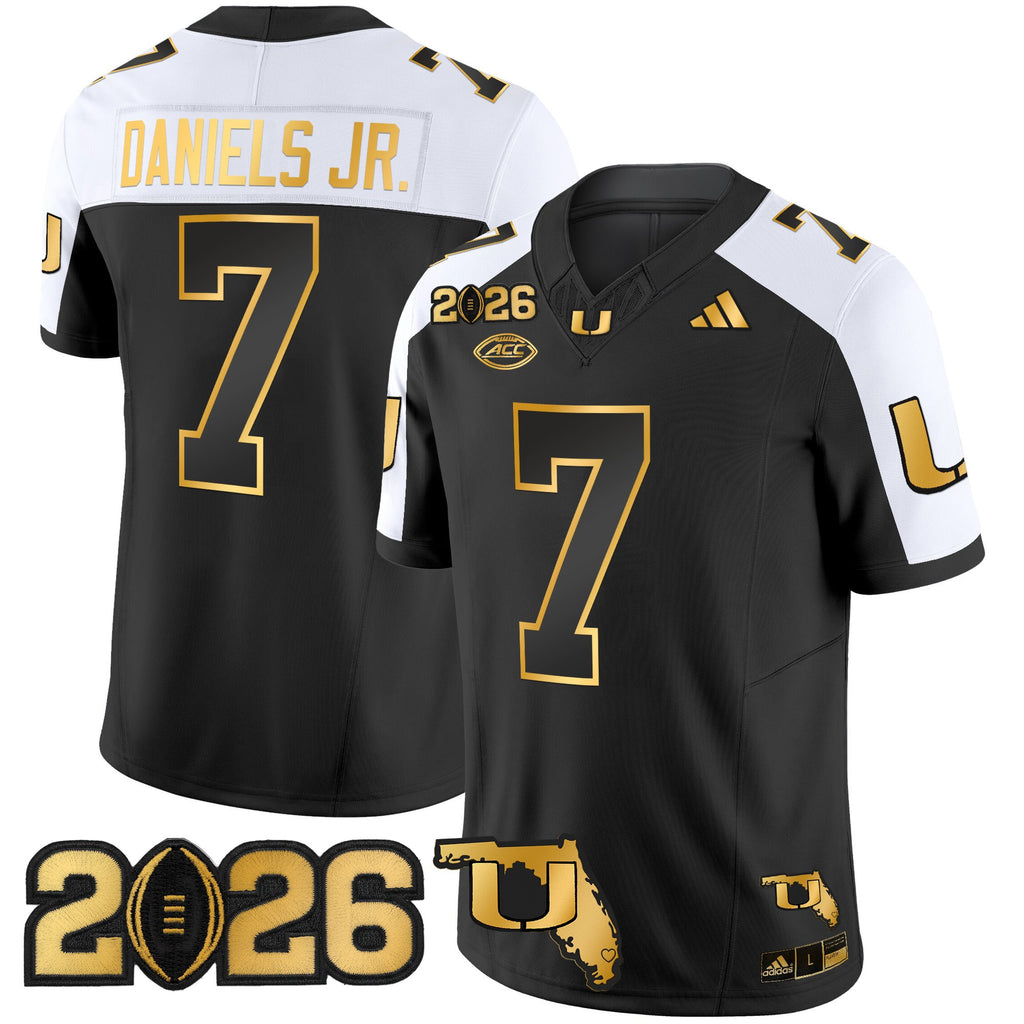 Men's Miami Hurricanes 2026 CFP Final & Florida Patch Gold Vapor Limited Jersey - All Stitched