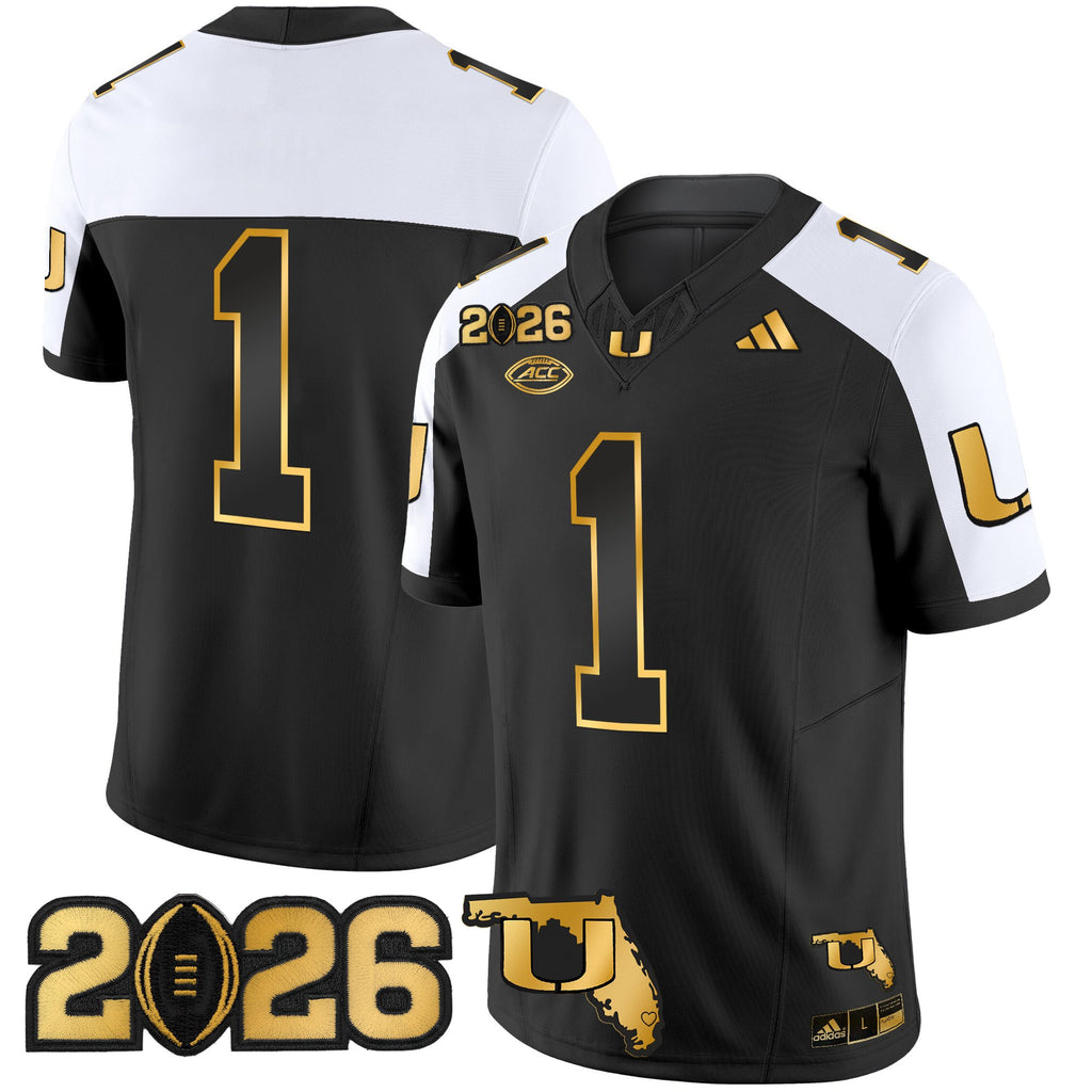 Men's Miami Hurricanes 2026 CFP Final & Florida Patch Gold Vapor Limited Jersey - All Stitched