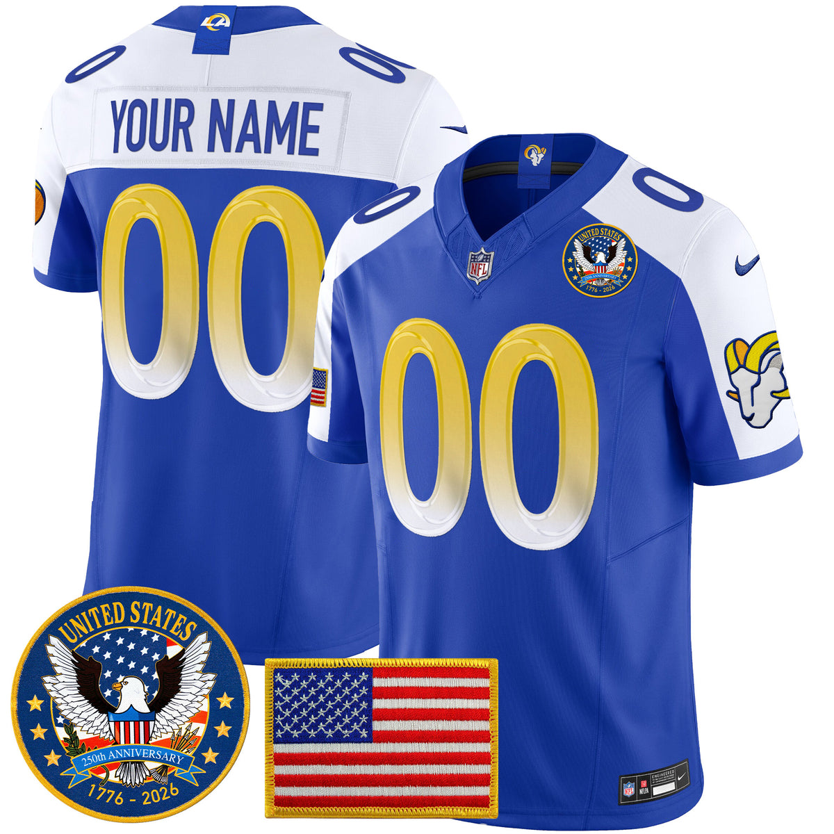 Los Angeles Rams 2025 "United States 250th Anniversary Patch" Vapor Limited Custom Jersey - All Stitched