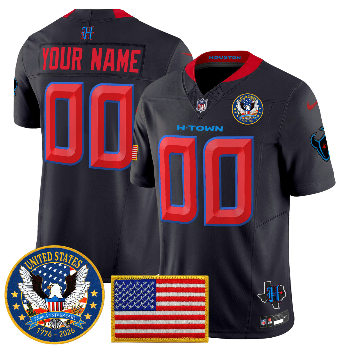 Houston Texans "United States 250th Anniversary Patch" Vapor Limited Custom Jersey - All Stitched