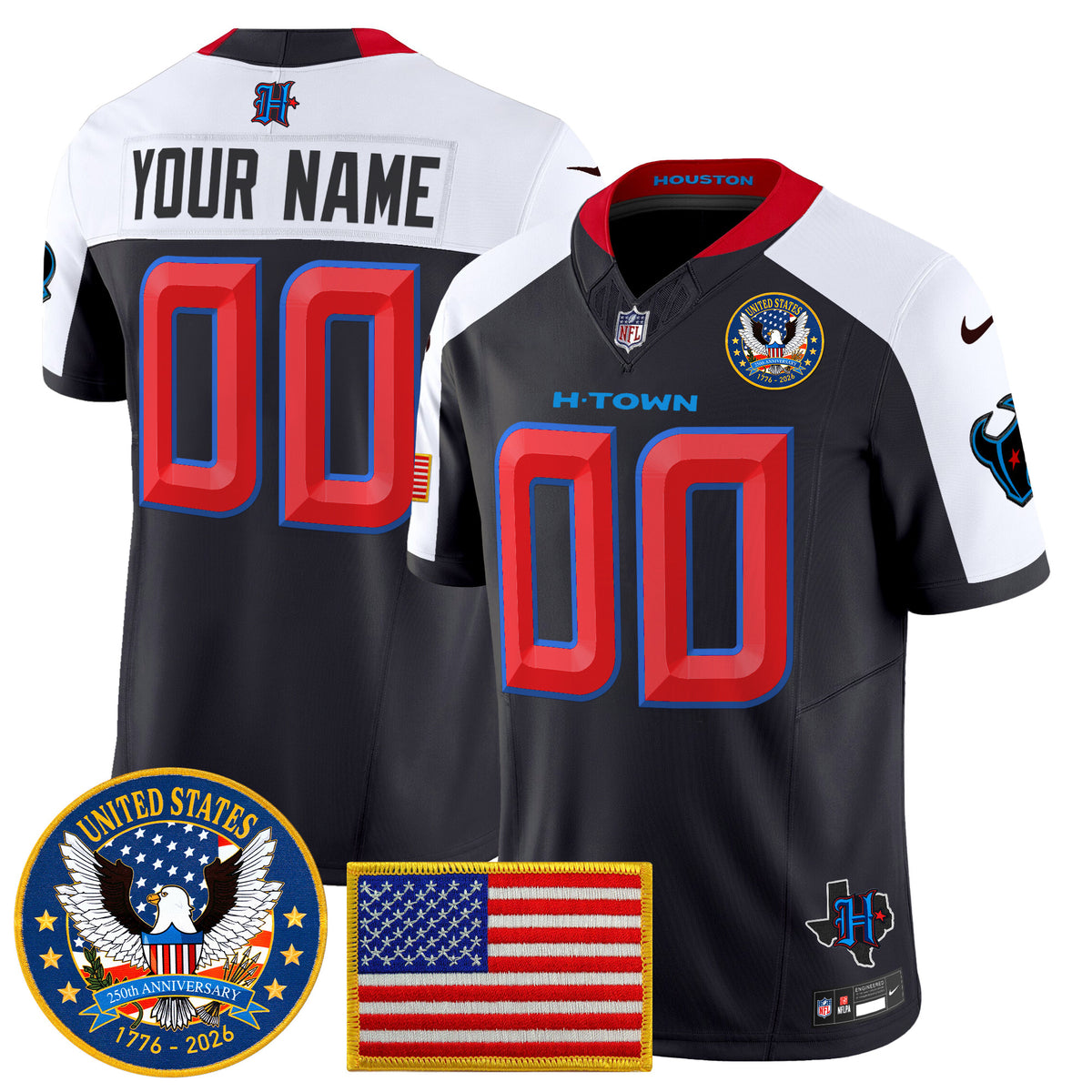 Houston Texans "United States 250th Anniversary Patch" Vapor Limited Custom Jersey - All Stitched