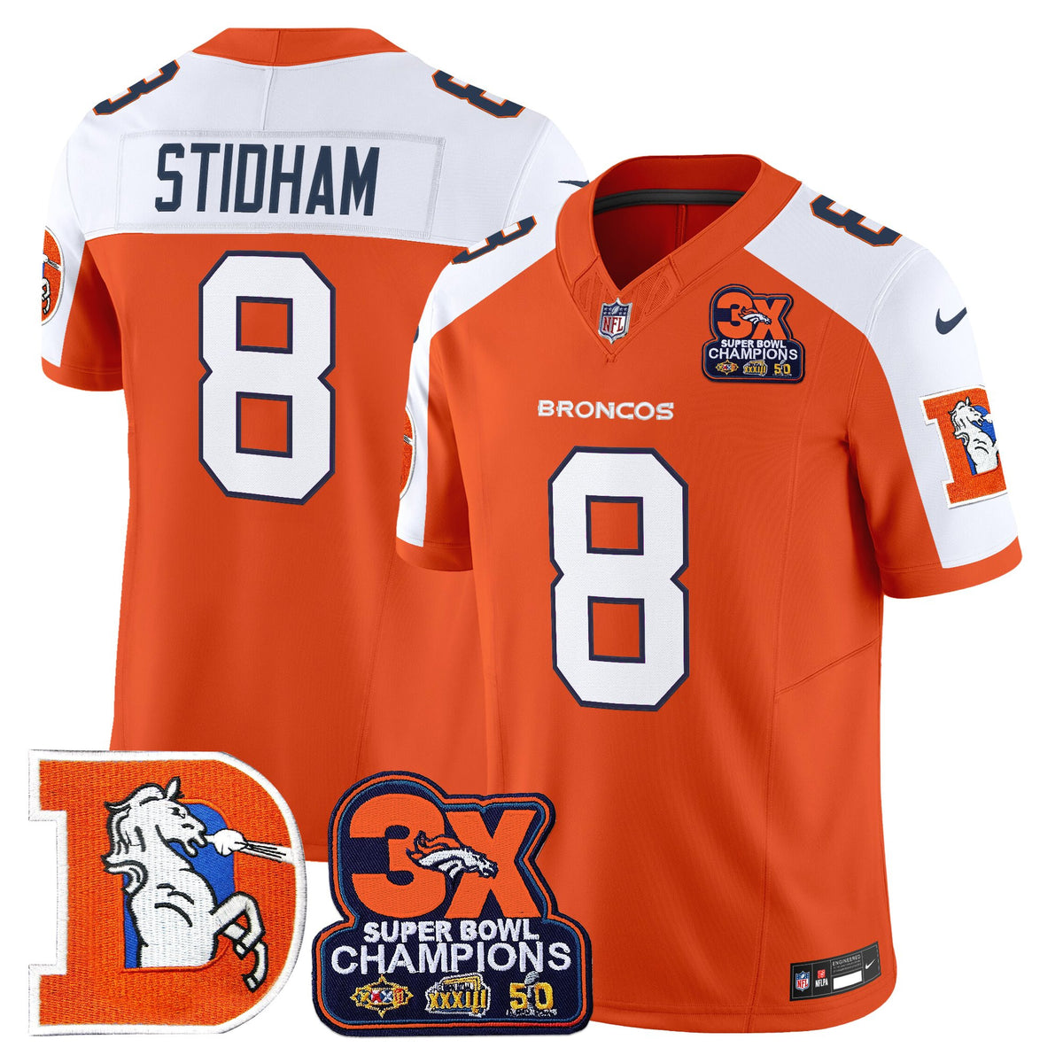 Men's Denver Broncos Throwback Vapor Limited Jersey - 3-Time Champions Patch - All Stitched