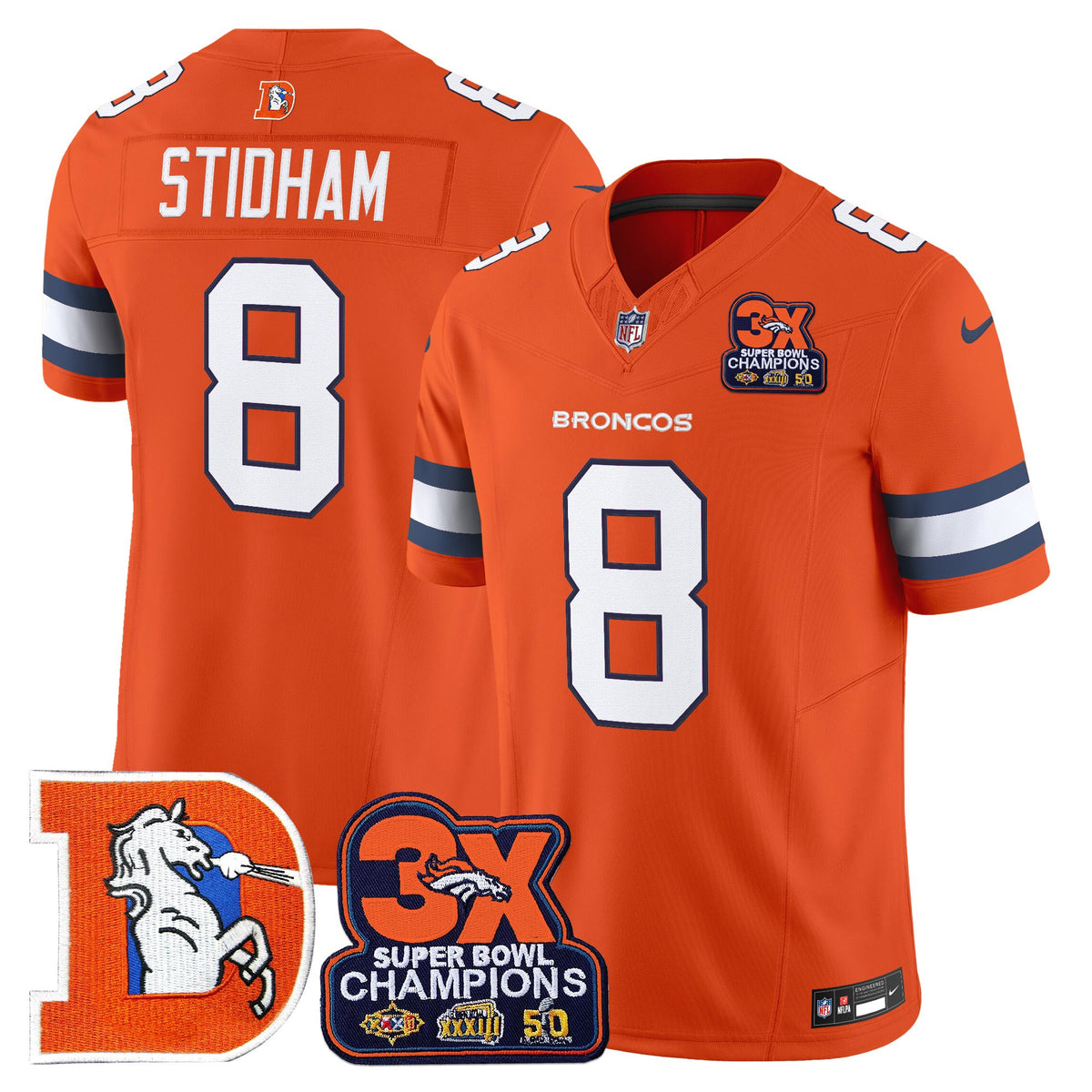 Men's Denver Broncos Throwback Vapor Limited Jersey - 3-Time Champions Patch - All Stitched