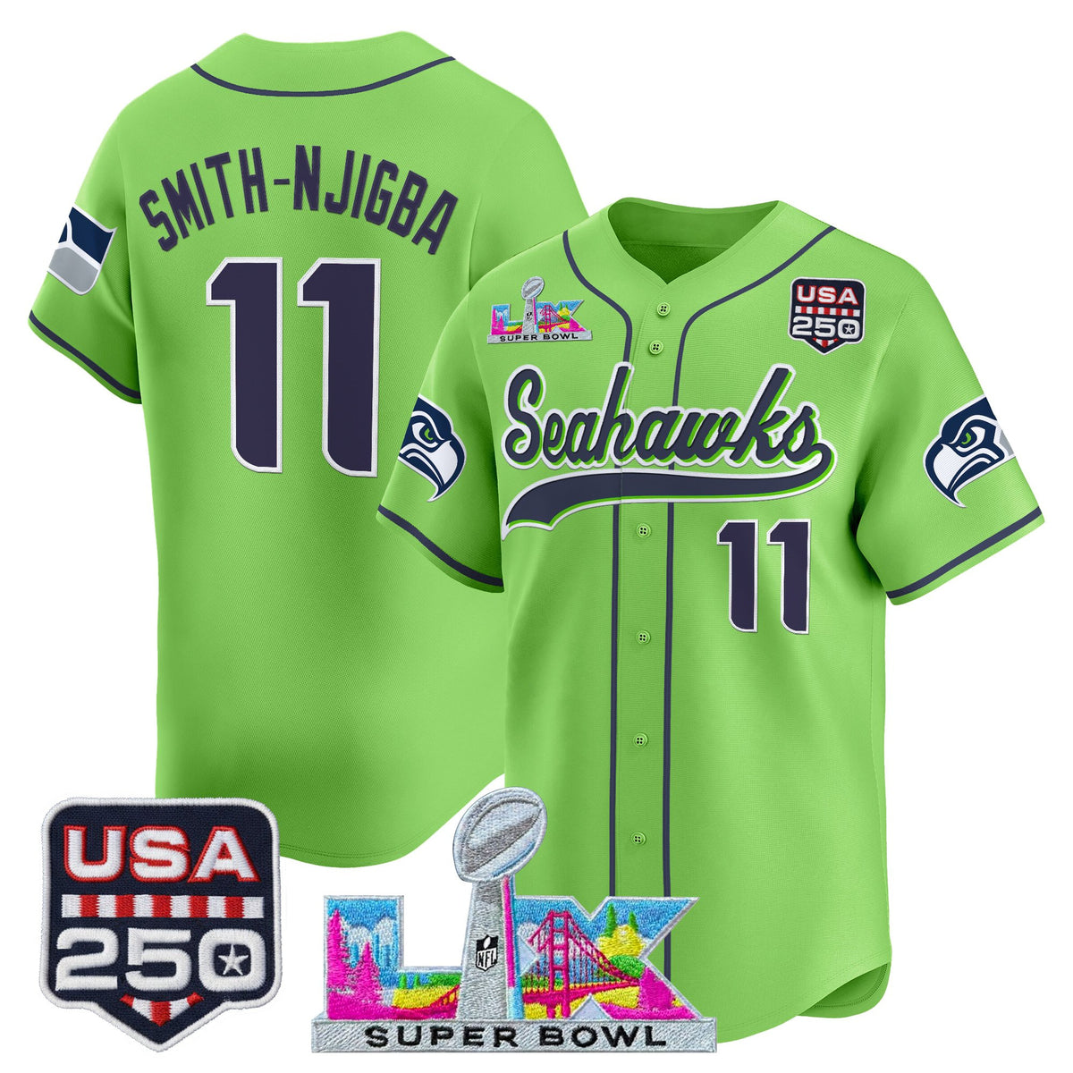 Men's Seattle Seahawks "Super Bowl LX & 250America Patch" Vapor Baseball Jersey - All Stitched