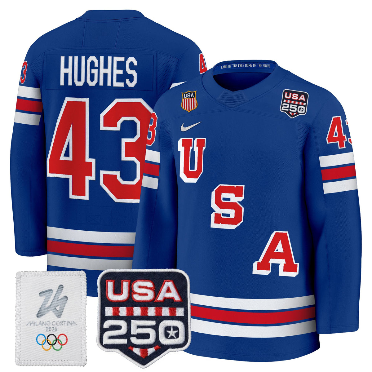 Men's 2026 USA Olympic 250America Patch Premium Hockey Jersey - All Stitched