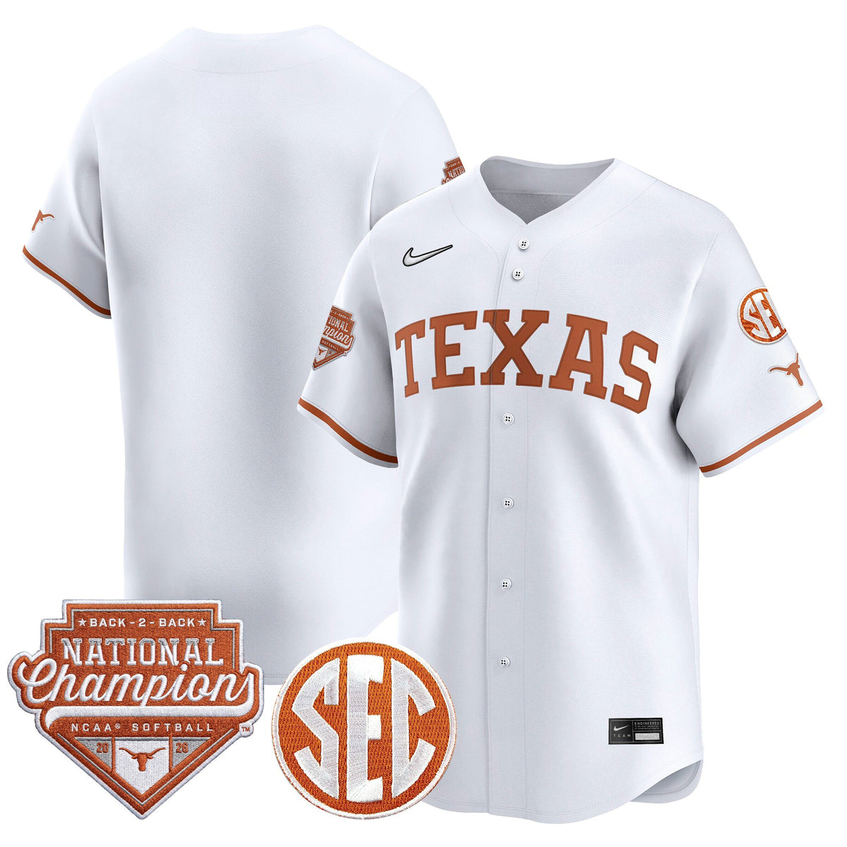 Men's Size - Texas Longhorns 2026 Back-To-Back World Series (WCWS) Champions Vapor Premier Limited Jersey - All Stitched
