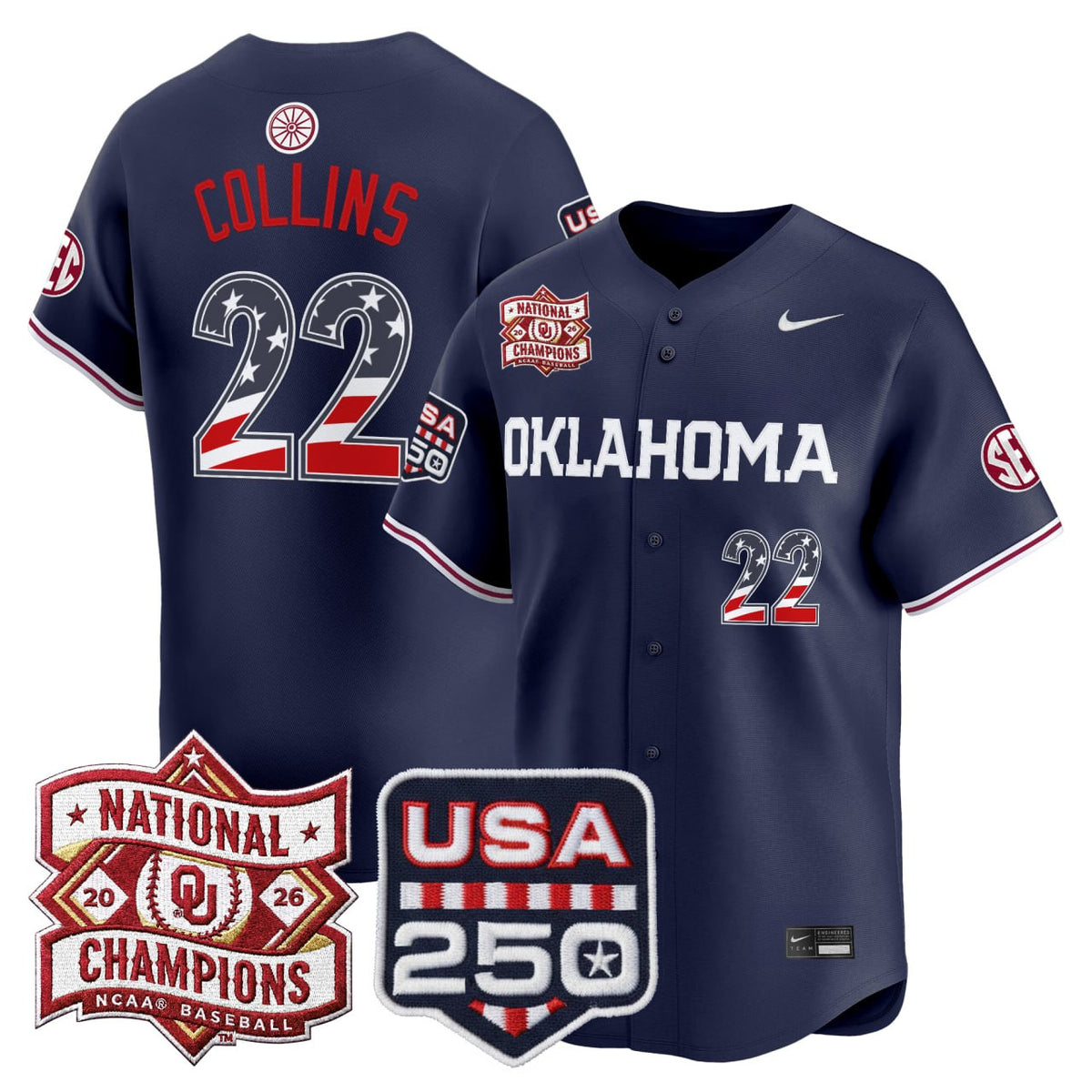Collins Oklahoma Sooners USA 250 Fourth of July Vapor Premier Limited Jersey - National Champions Patch - All Stitched