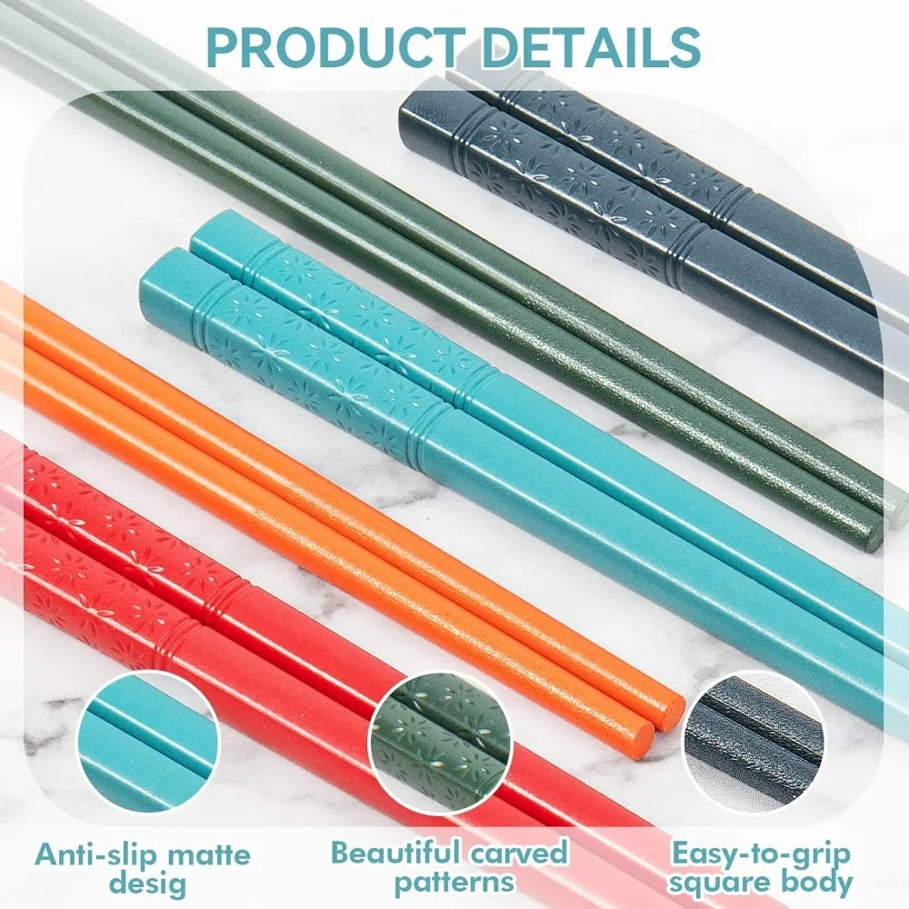 5 Pairs of Fiberglass Chopsticks Set 9.5 in Reusable Chinese Style Chopsticks Non-slip Easy To Use Bright Colors Dishwasher Safe