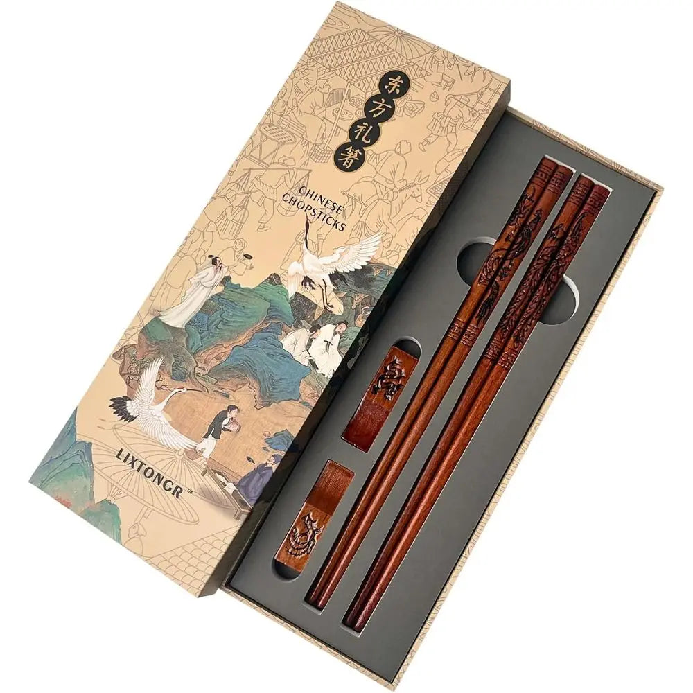 Pairs Reusable Wooden Chopsticks Set - Hand-Carved Dragon & Phoenix Design Non-Toxic Japanese Korean Chopsticks with Non-Slip Gr